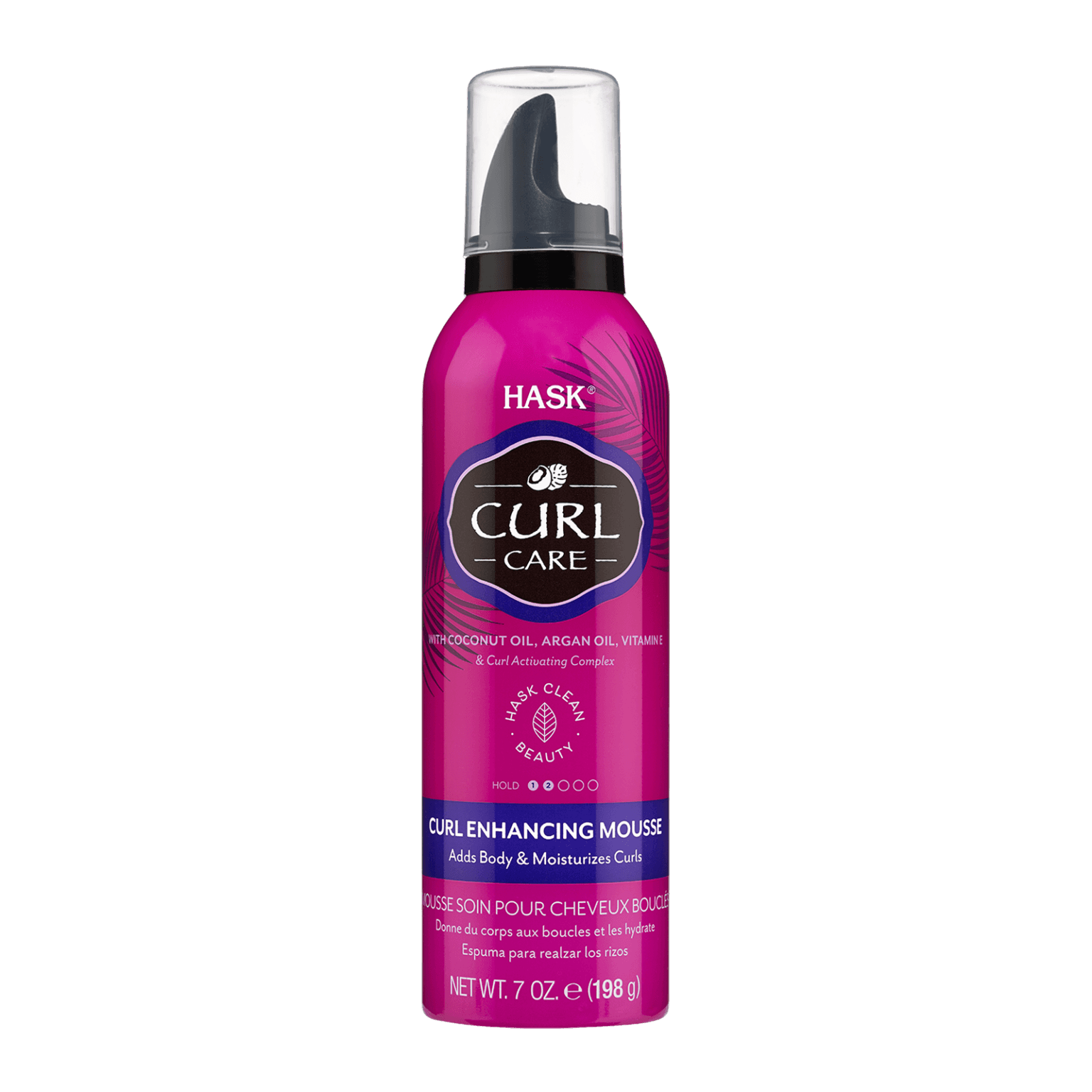 Hask Curl Care Curl Enhancing Mousse 198 ml for defined, frizz-free curls. Infused with coconut oil, argan oil, and vitamin E for hydration and bounce.