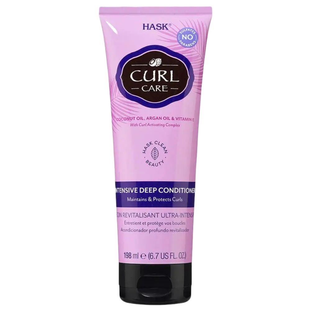 Hask Curl Care Intensive Deep Conditioner 198 ml, a rich hair treatment masque formulated with coconut oil, argan oil, and vitamin E for curl definition and frizz control.