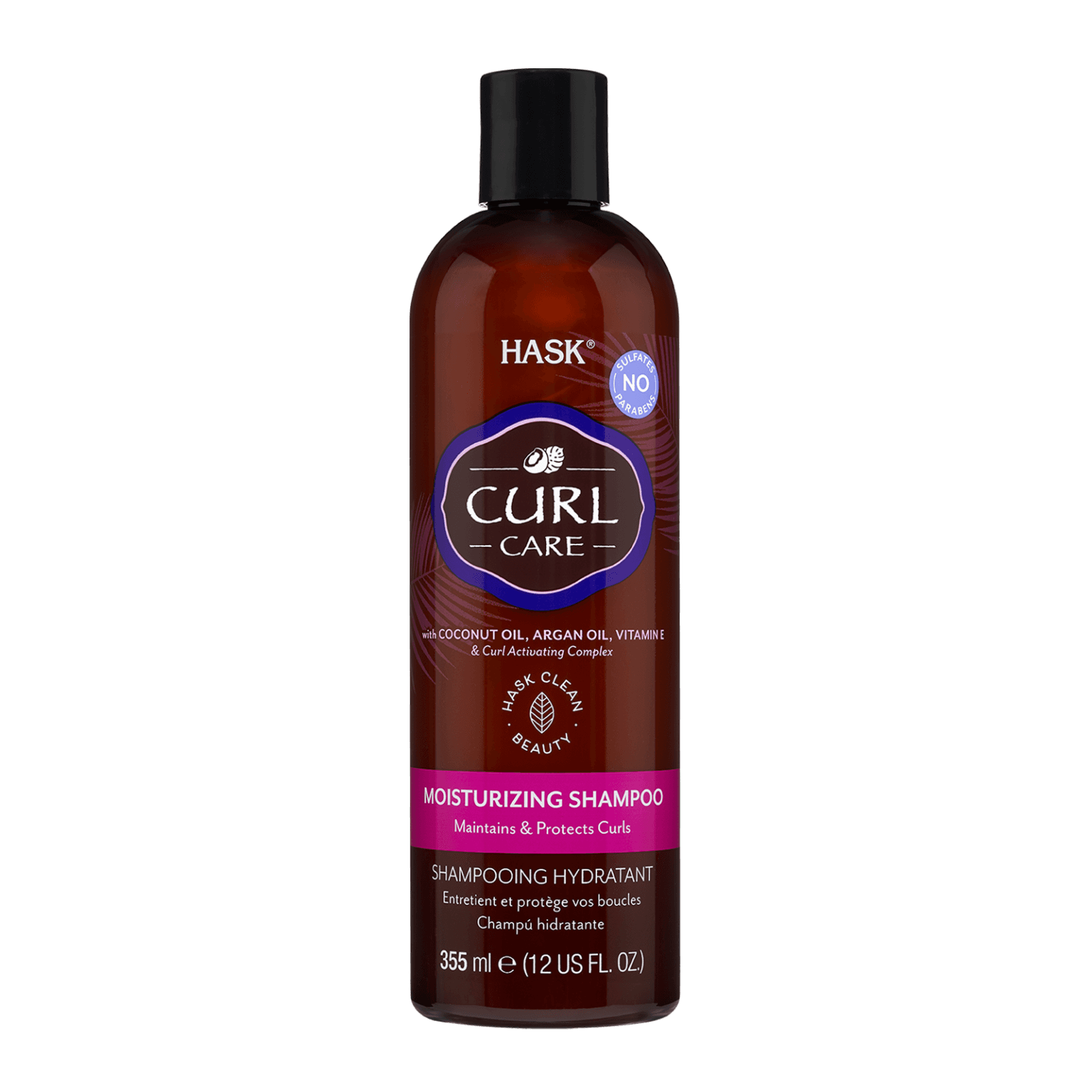 Hask Curl Care Moisturizing Shampoo 355 ml for curly hair, enriched with coconut oil, argan oil, and vitamins. Sulfate-free formula for frizz-free curls.