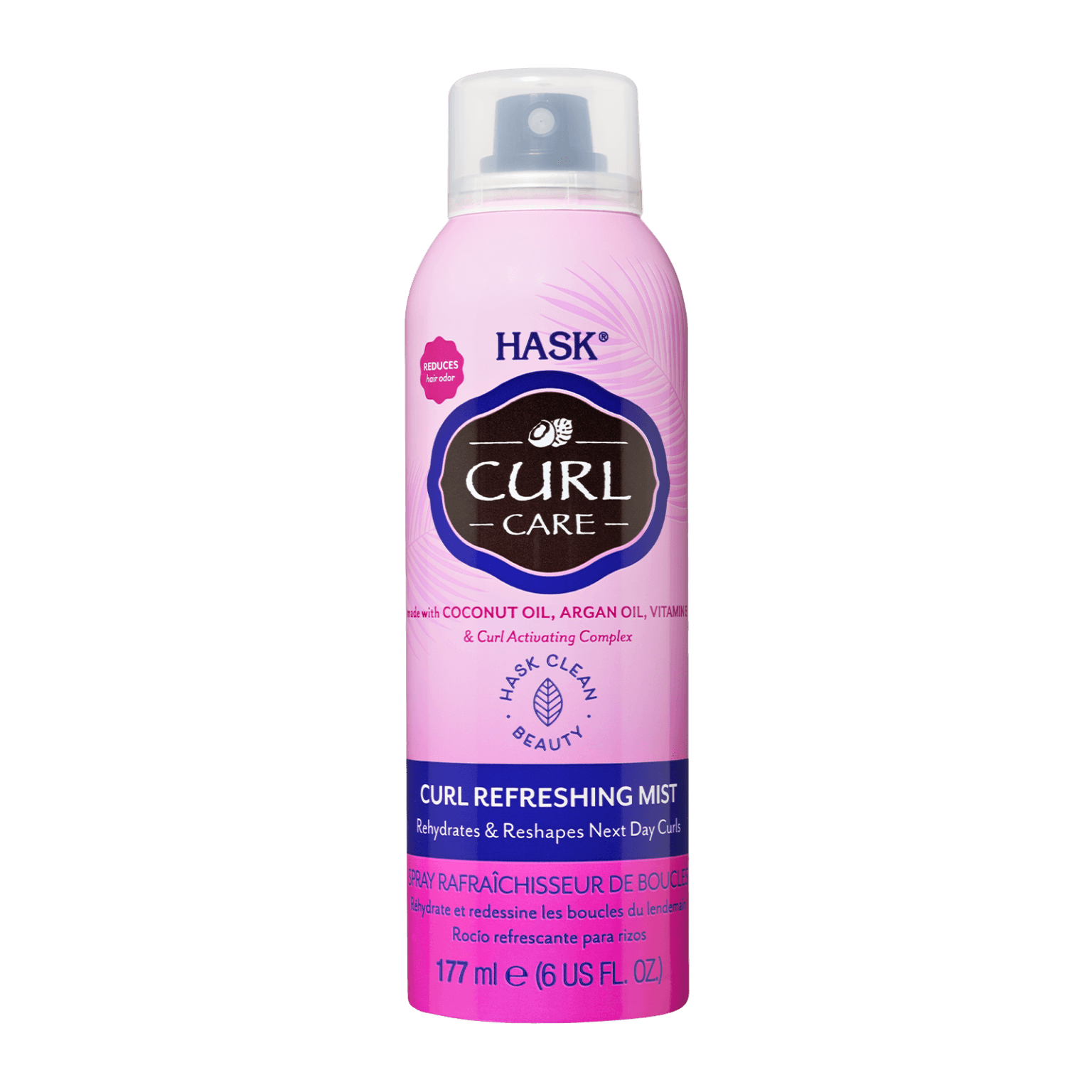 Hask Curl Care Curl Refreshing Mist 177 ml revitalizes curls with coconut oil, argan oil, and vitamin E. This lightweight mist enhances curl definition and reduces frizz.