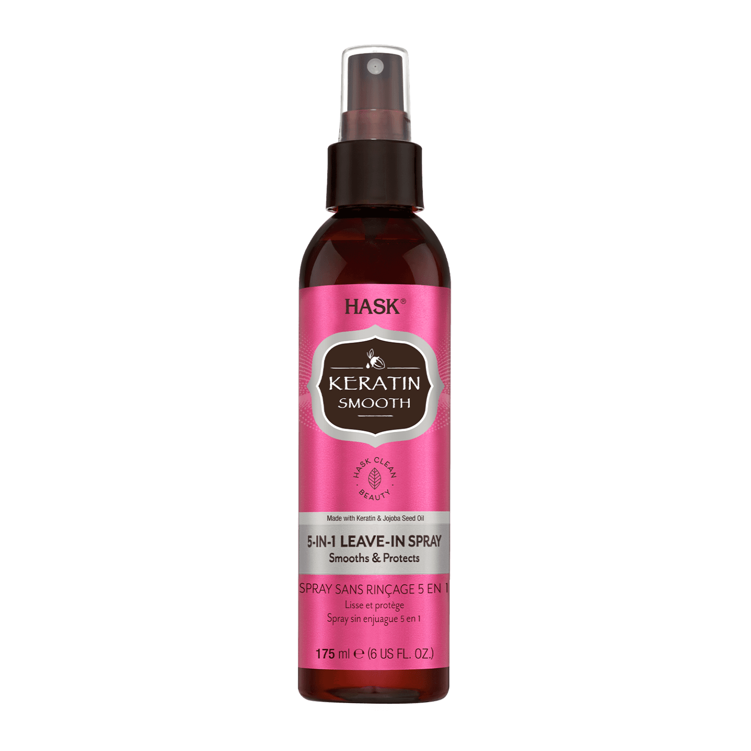 Hask Keratin 5-In-1 Leave-in Spray 175 ml for all hair types. This sulfate-free and paraben-free treatment detangles, controls frizz, adds shine, repairs, and protects against heat damage.