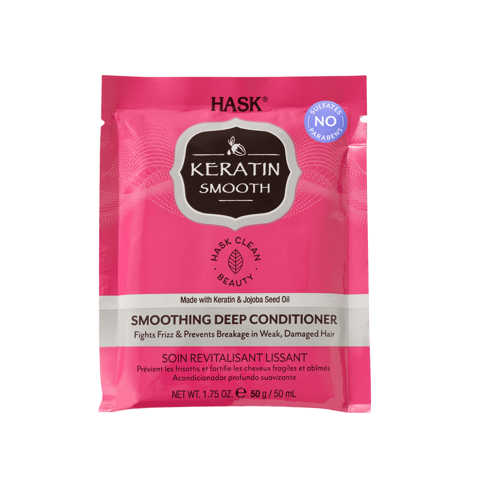 Hask Keratin Smoothing Deep Conditioner Sachet 50 g for damaged and frizzy hair. Infused with keratin and jojoba seed oil to fight frizz and prevent breakage.
