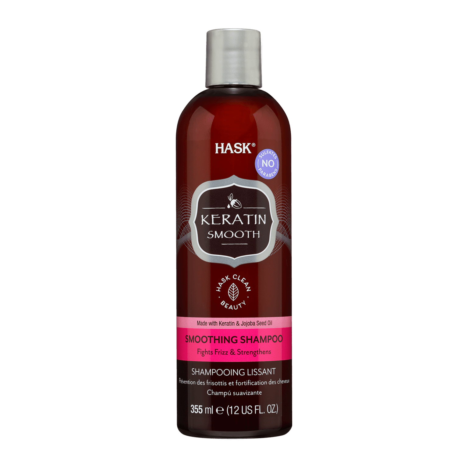 Hask Keratin Smoothing Shampoo 355 ml bottle designed to fight frizz and strengthen hair. Sulfate and paraben-free formula enriched with keratin and jojoba seed oil.
