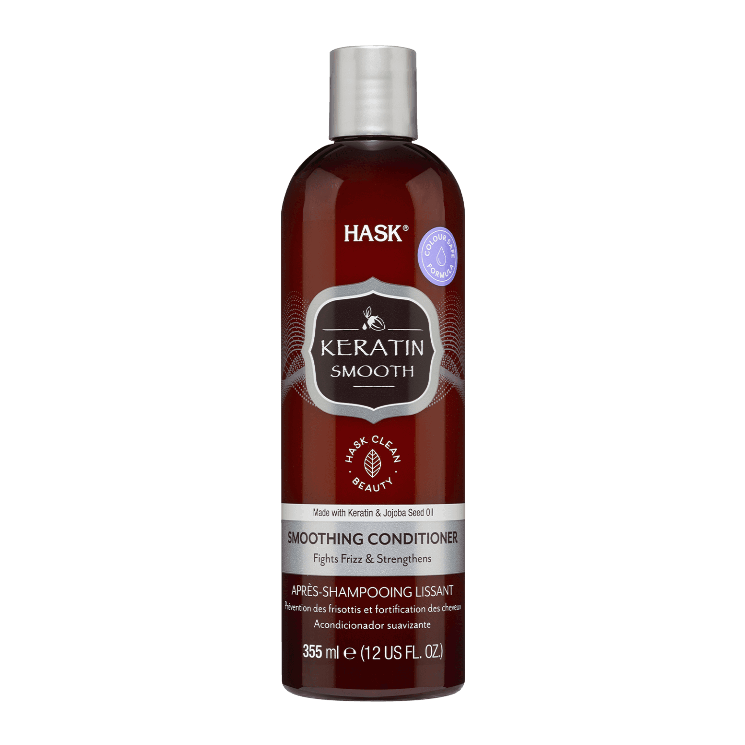 Hask Keratin Smoothing Conditioner 355 ml bottle designed to fight frizz and strengthen hair. Infused with keratin and jojoba seed oil for smooth, nourished strands.