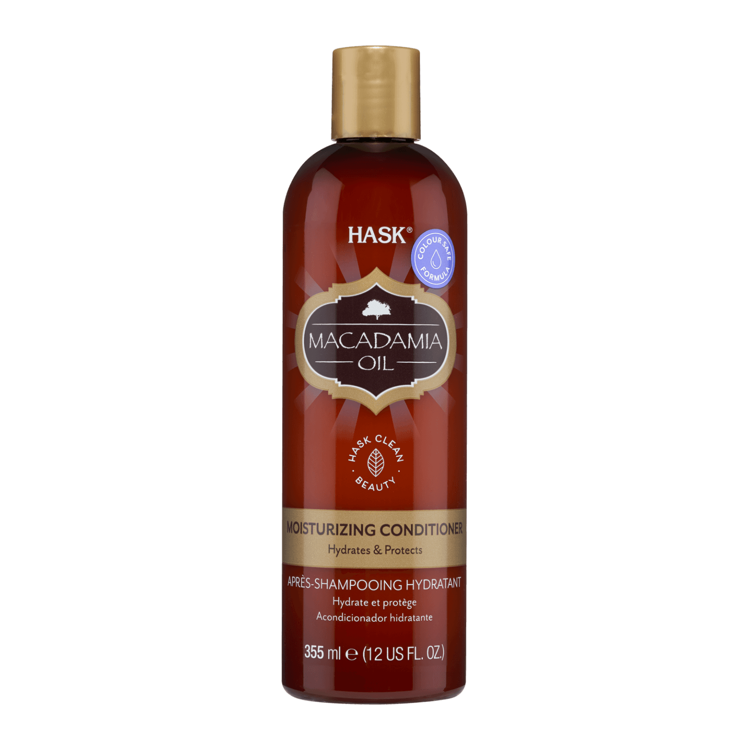 Hask Macadamia Moisturizing Conditioner 355 ml hydrates and protects dry, damaged hair. Infused with macadamia oil, it detangles and softens strands.