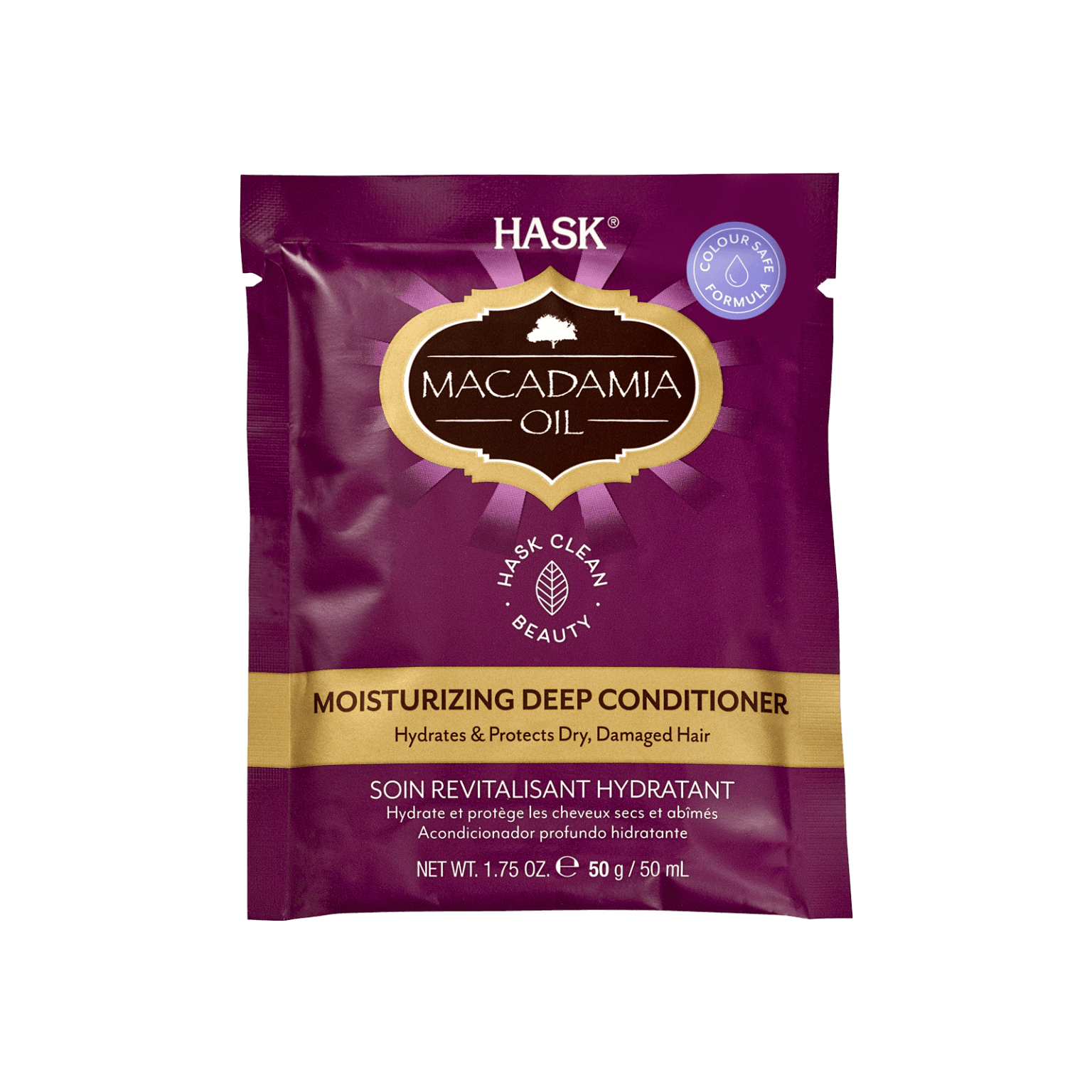 Hask Macadamia Moisturizing Hair Deep Conditioner Sachet 50 g, enriched with macadamia oil to hydrate and revive dry, damaged hair. Sulfate and paraben-free hair treatment masque for deep nourishment and shine.
