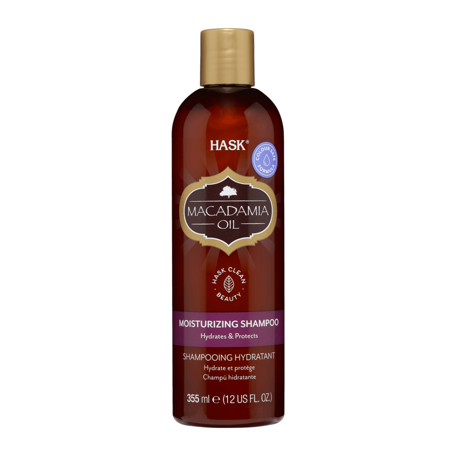 Hask Macadamia Moisturizing Shampoo 355 ml bottle. Infused with macadamia oil, this sulfate-free shampoo hydrates and restores dry, brittle hair.