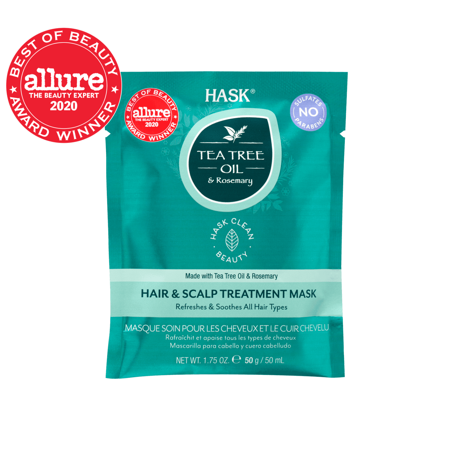 Hask Tea Tree Hair & Scalp Treatment Mask 50 g, infused with tea tree oil and rosemary, refreshes and soothes all hair types. Sulfate and paraben-free formula for a balanced, hydrated scalp.