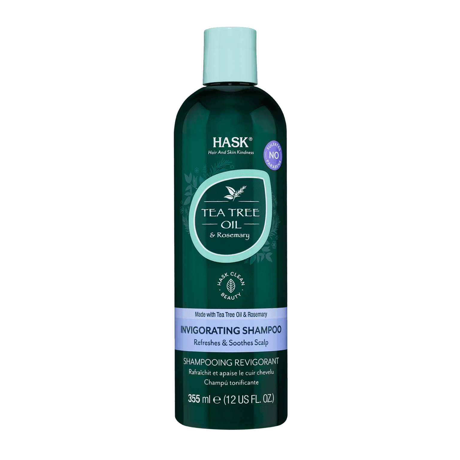 Hask Tea Tree Oil Invigorating Shampoo 355 ml deeply cleanses the scalp while refreshing and revitalizing hair. Infused with tea tree oil and rosemary for an energizing hair care experience.