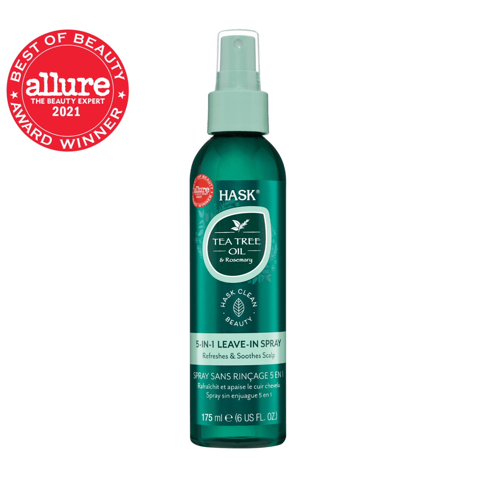 Hask Tea Tree Oil 5-In-1 Leave-in Spray 175 ml, a nourishing hair treatment enriched with tea tree oil and rosemary. Designed to refresh, hydrate, and detangle all hair types.
