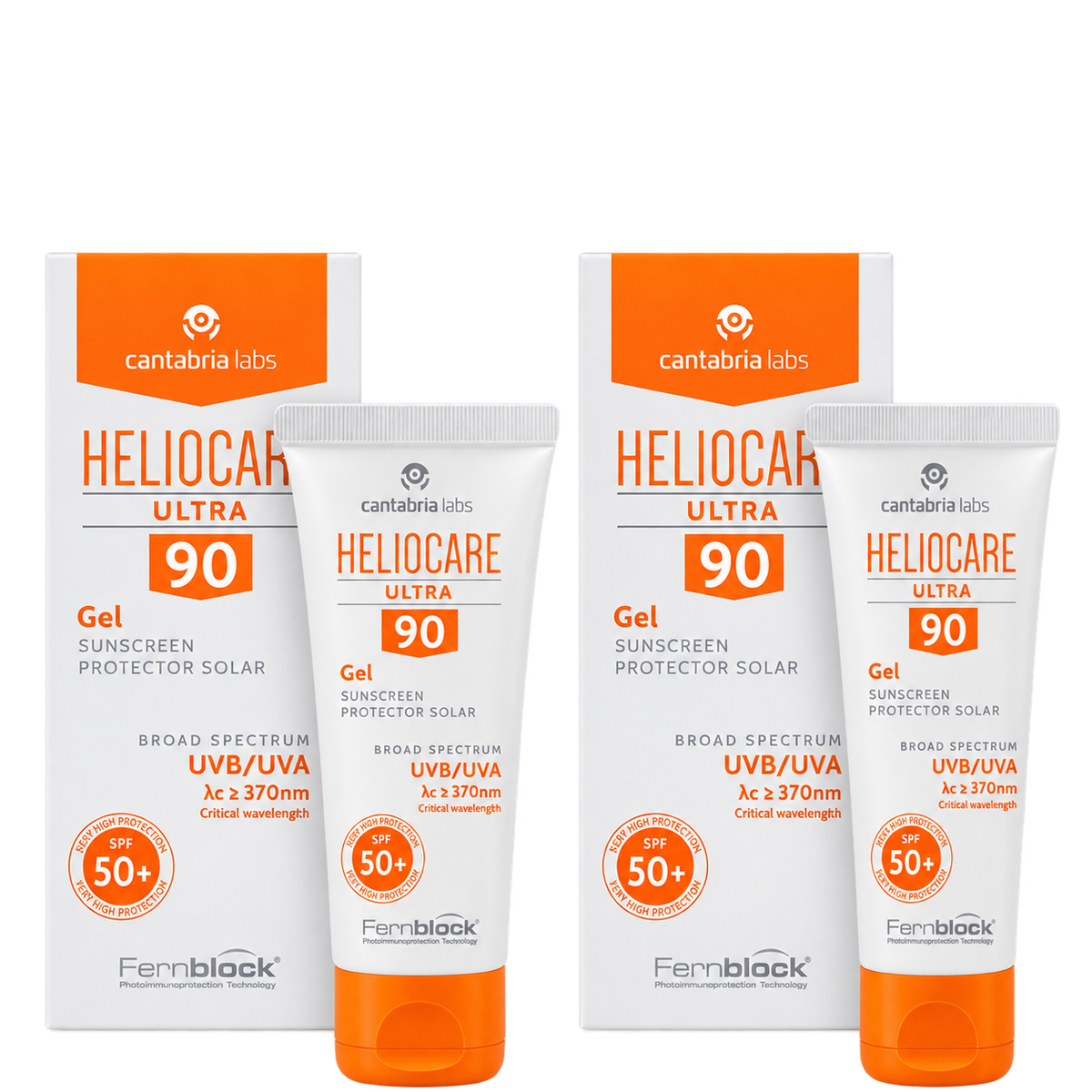 Cantabria Labs Heliocare Ultra 90 Gel SPF50+ sunblock in white tube with orange accents, broad spectrum UVB/UVA protection, 50 ml