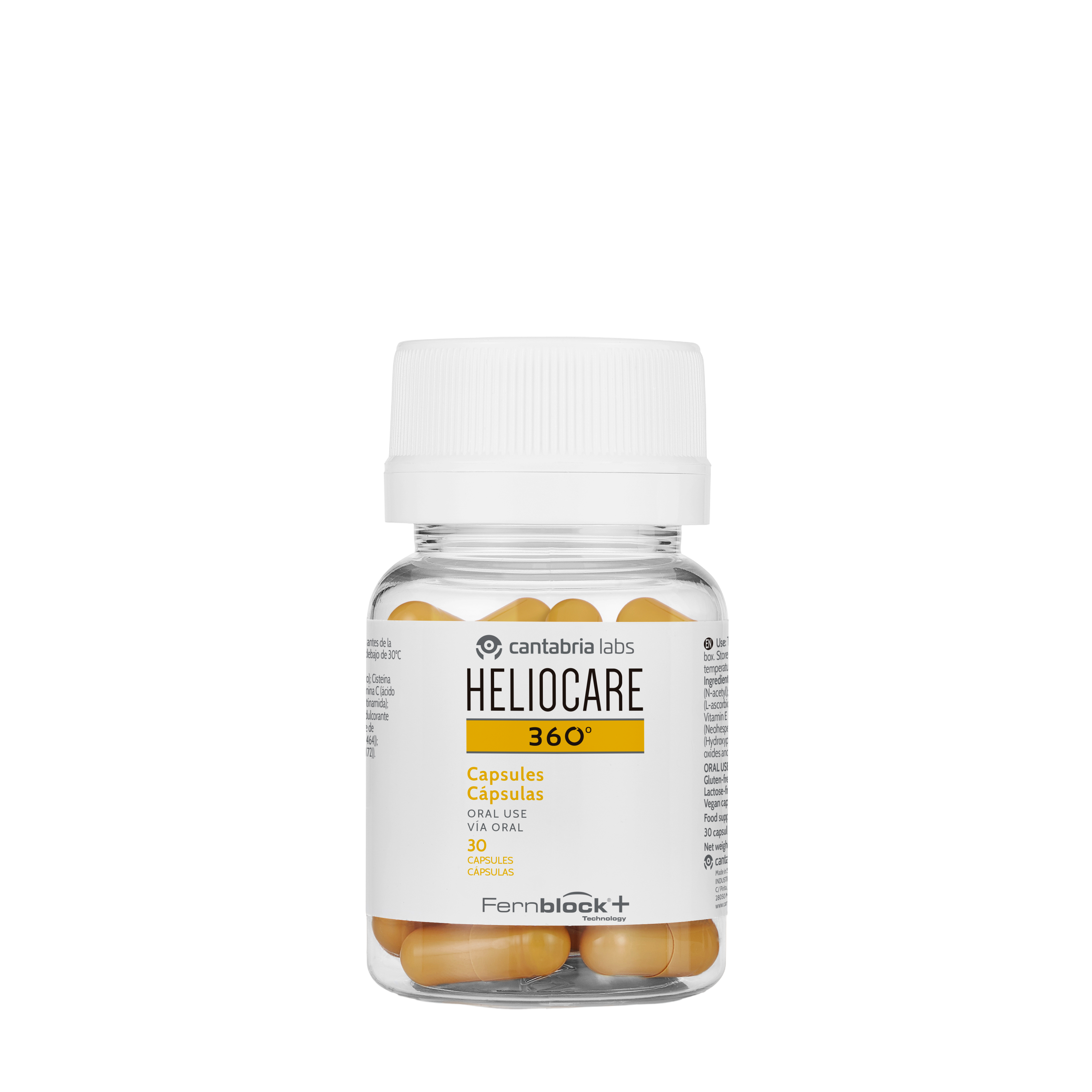Heliocare 360 Oral Sun Protection Capsules bottle with 30 capsules for all skin types. Enhances sunscreen protection with Fernblock+ technology.