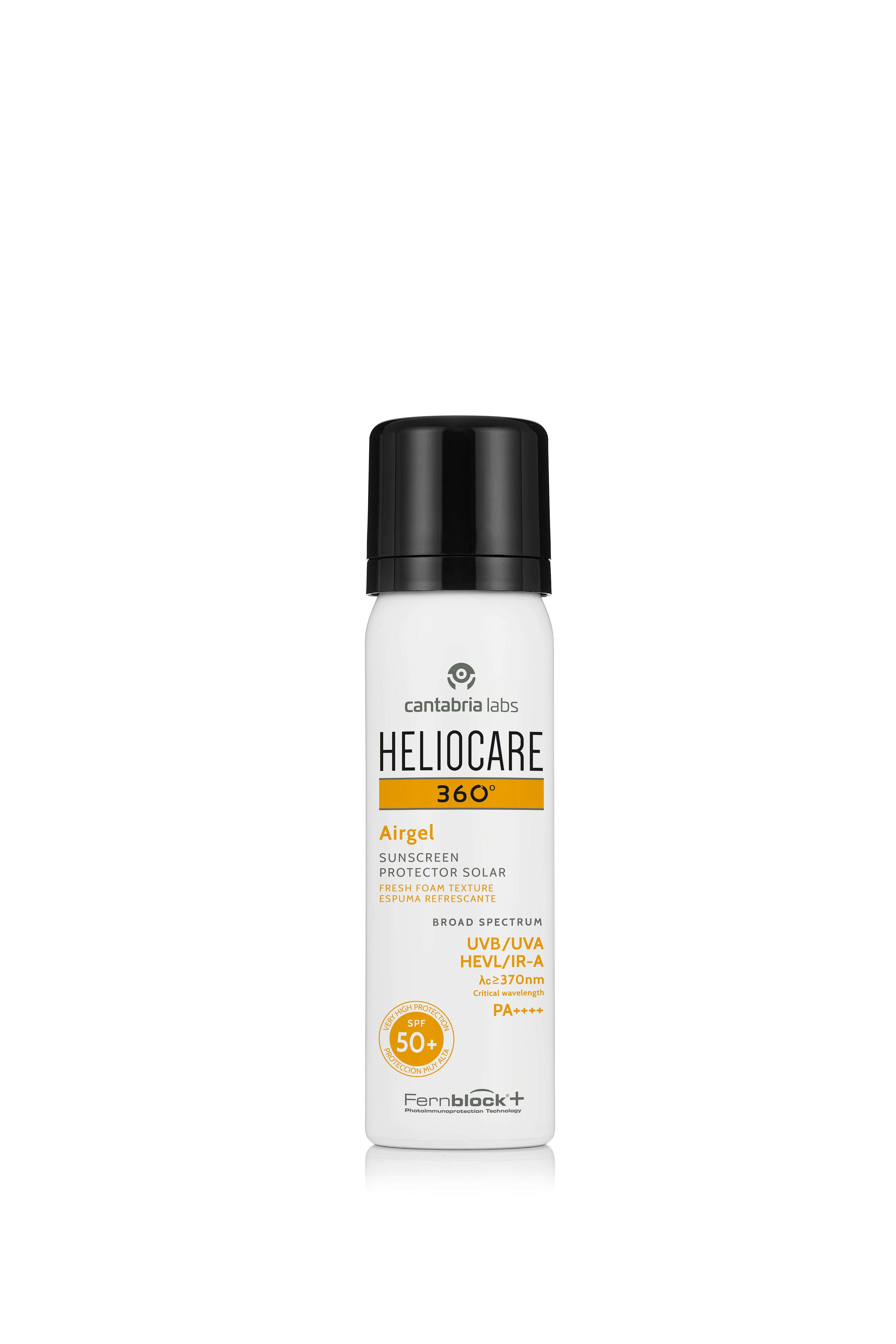 Heliocare 360 Airgel SPF 50+ Sunscreen 60 ml bottle, broad-spectrum sun protection with Fernblock+ and Vitamin E for skin barrier support.
