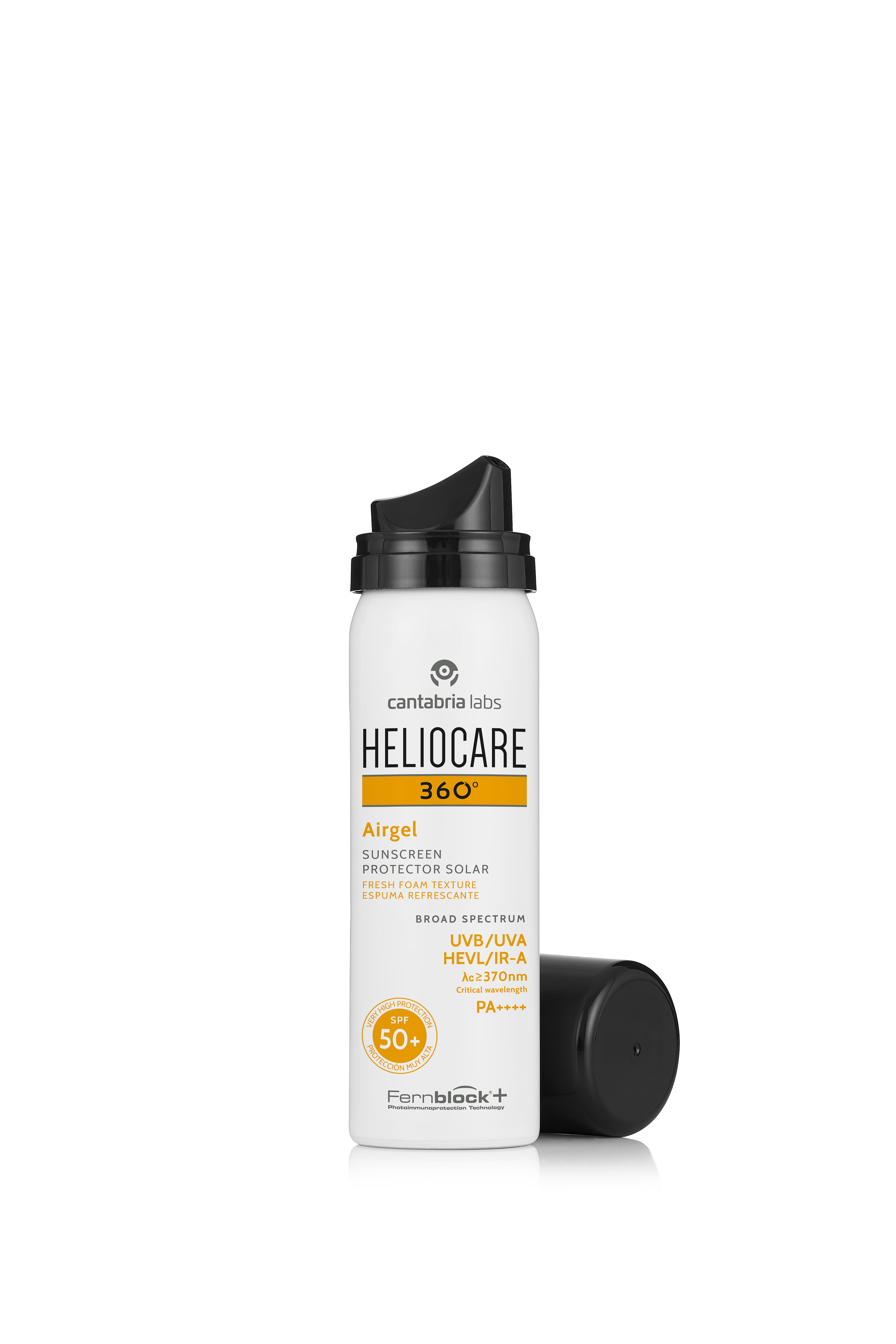 Heliocare 360 Airgel SPF 50+ Sunscreen 60 ml with open cap, mousse texture sunblock ideal for sensitive skin and UV protection.