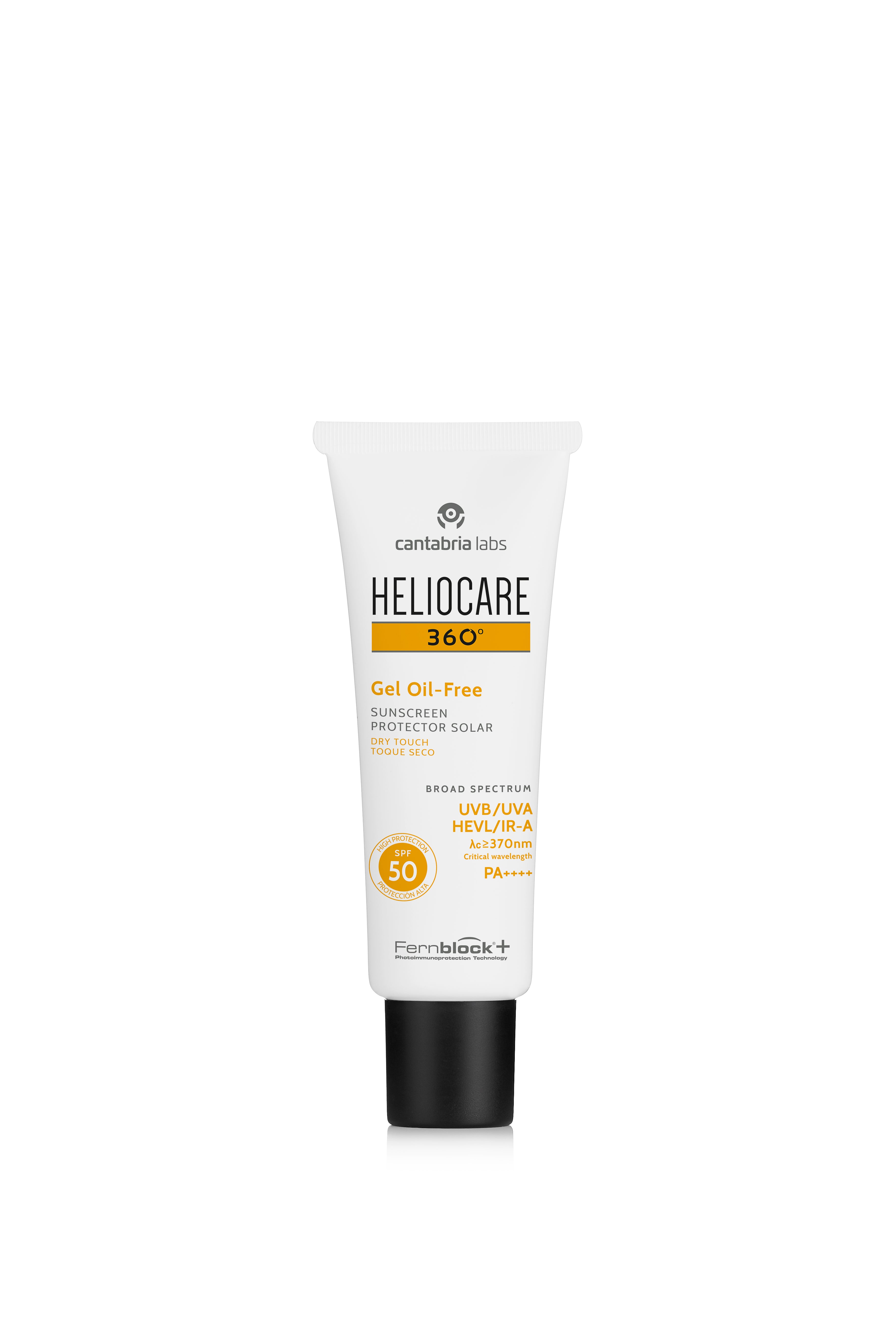 Heliocare 360 Oil-Free Gel Sunblock SPF 50+ tube featuring lightweight formula for oily skin and advanced UV/IR-A/HEV protection.
