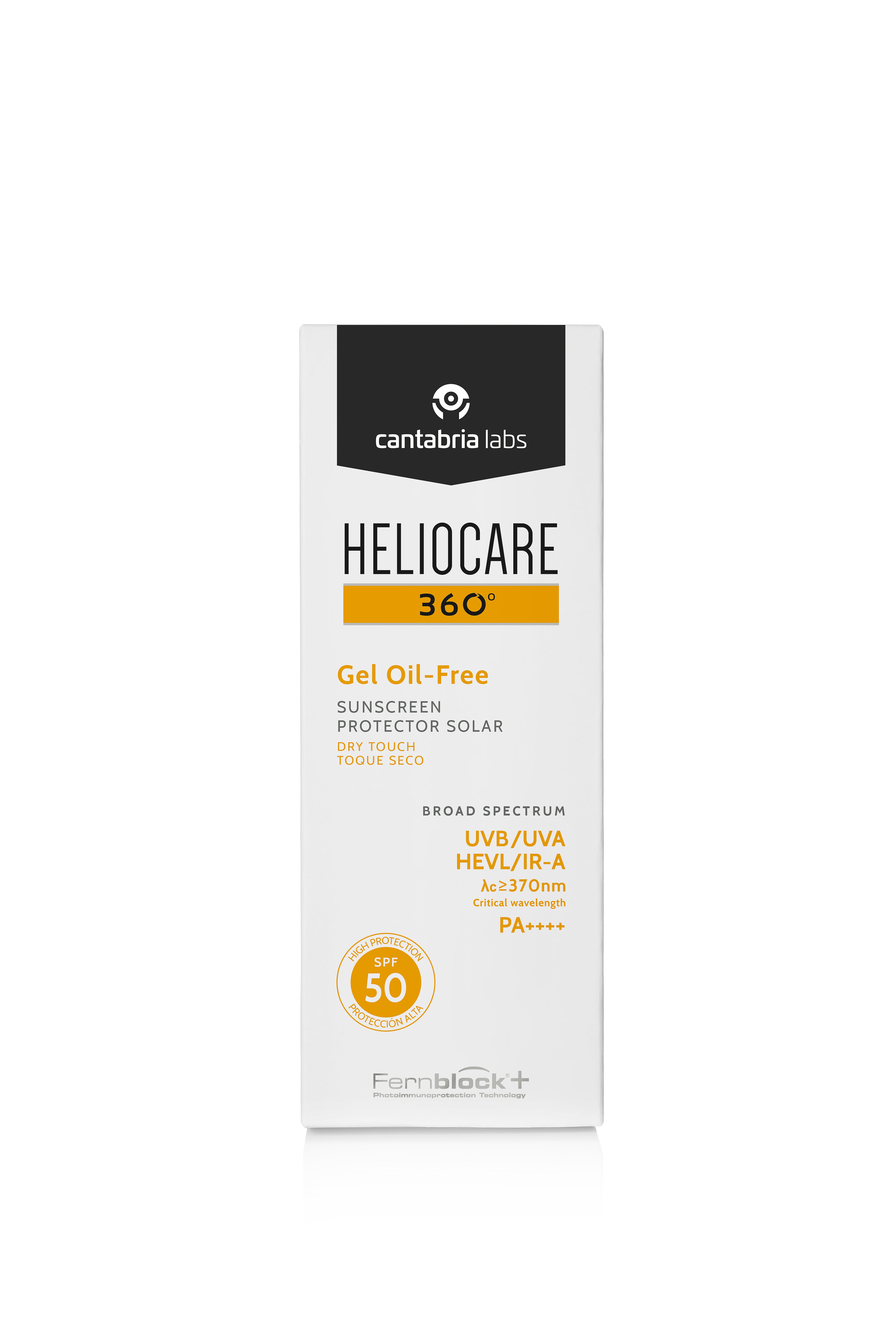 Front view of Heliocare 360 Oil-Free Gel Sunblock SPF 50+ box, designed for oily and sensitive skin with Fernblock+ technology.