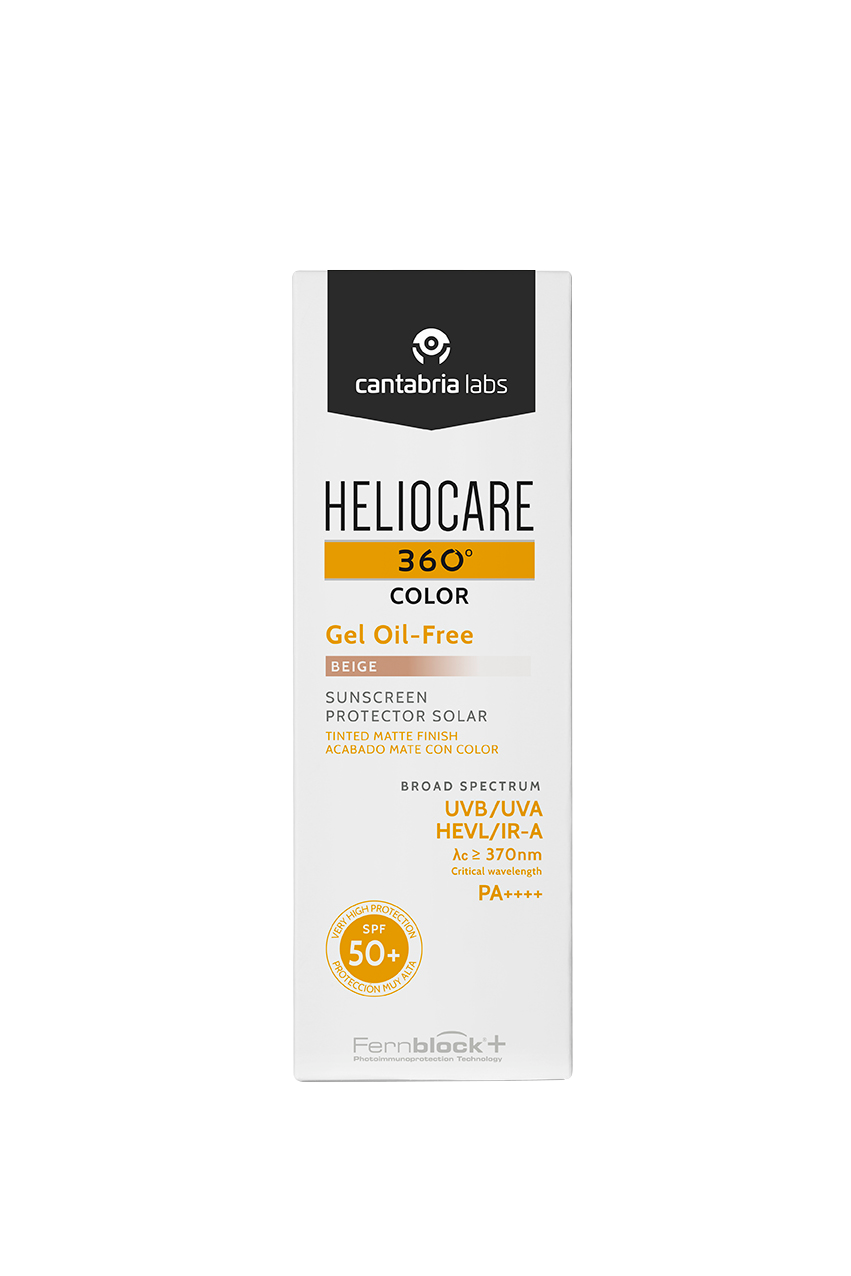 Front view of Heliocare 360 Oil-Free Gel Sunblock SPF 50+ box in beige, designed for broad-spectrum sun protection and matte finish.