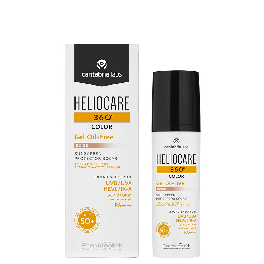 Heliocare 360 Sunblock - Heliocare Oil-Free Gel SPF 50+ in beige with product box and bottle, ideal for oily and sensitive skin types.