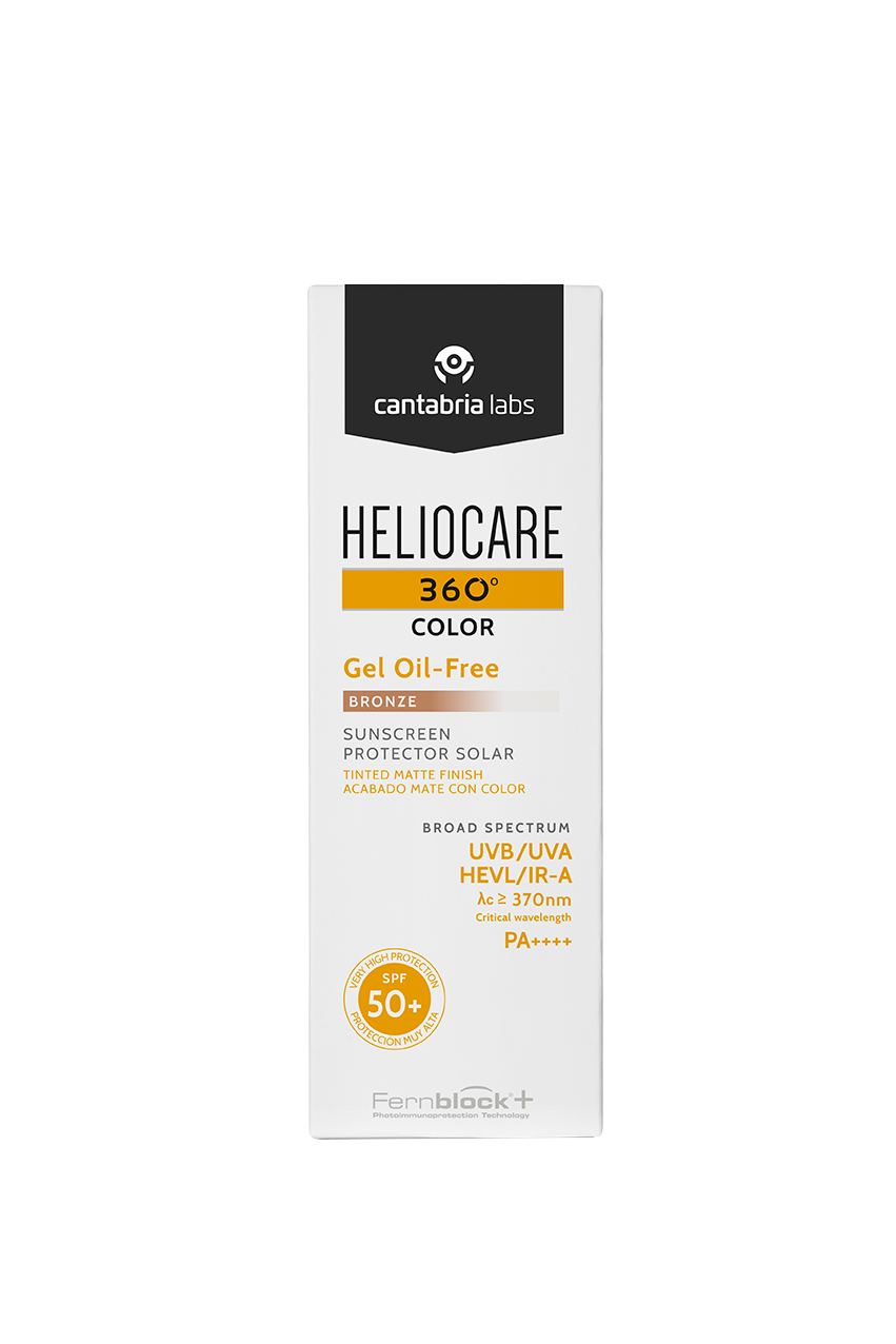 Front view of Heliocare 360 Oil-Free Gel Sunblock SPF 50+ Bronze box, offering broad-spectrum sun protection with matte finish.