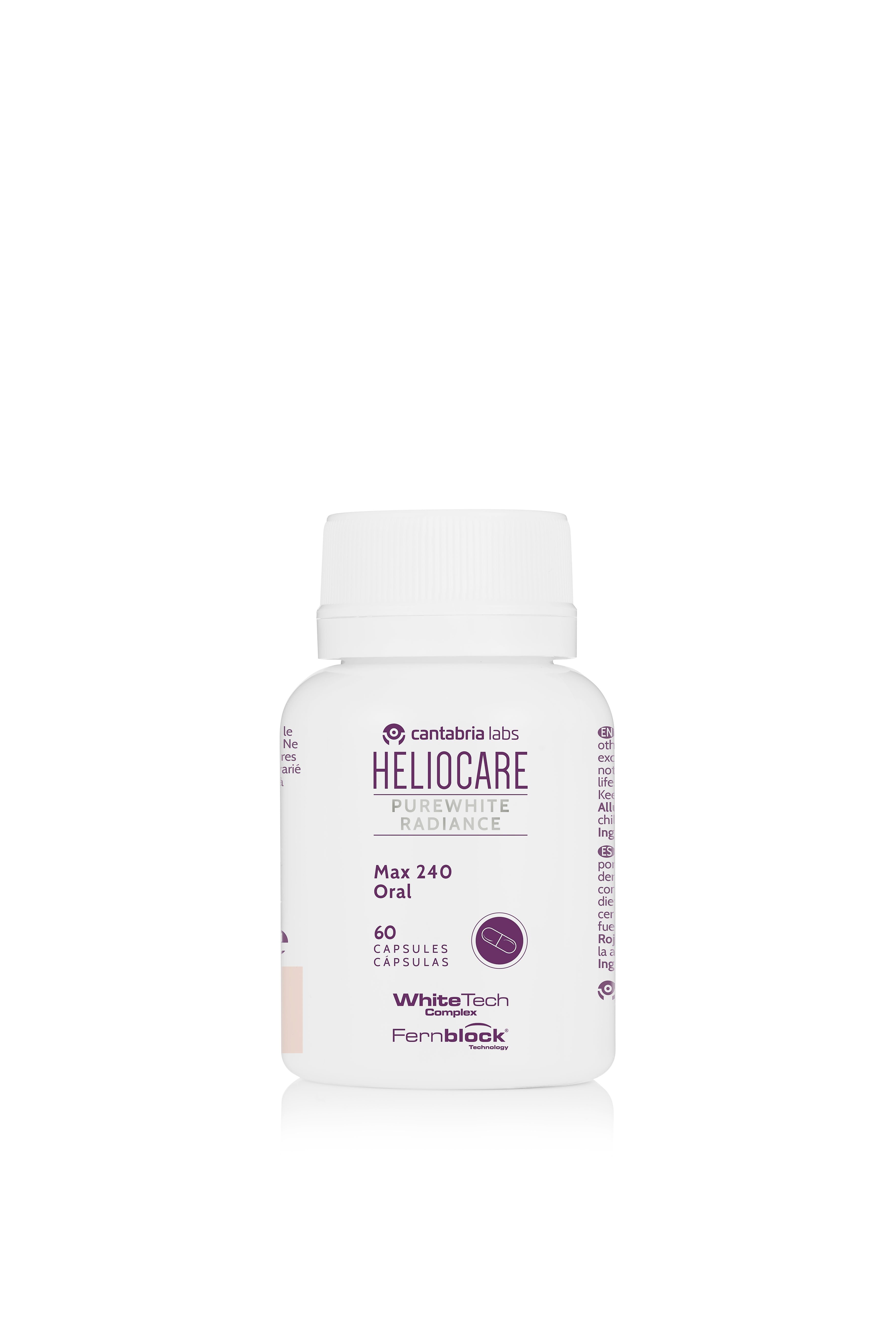 Heliocare Purewhite Radiance Max 240 Oral bottle with 60 capsules, supports skin tone improvement and anti-aging skincare.