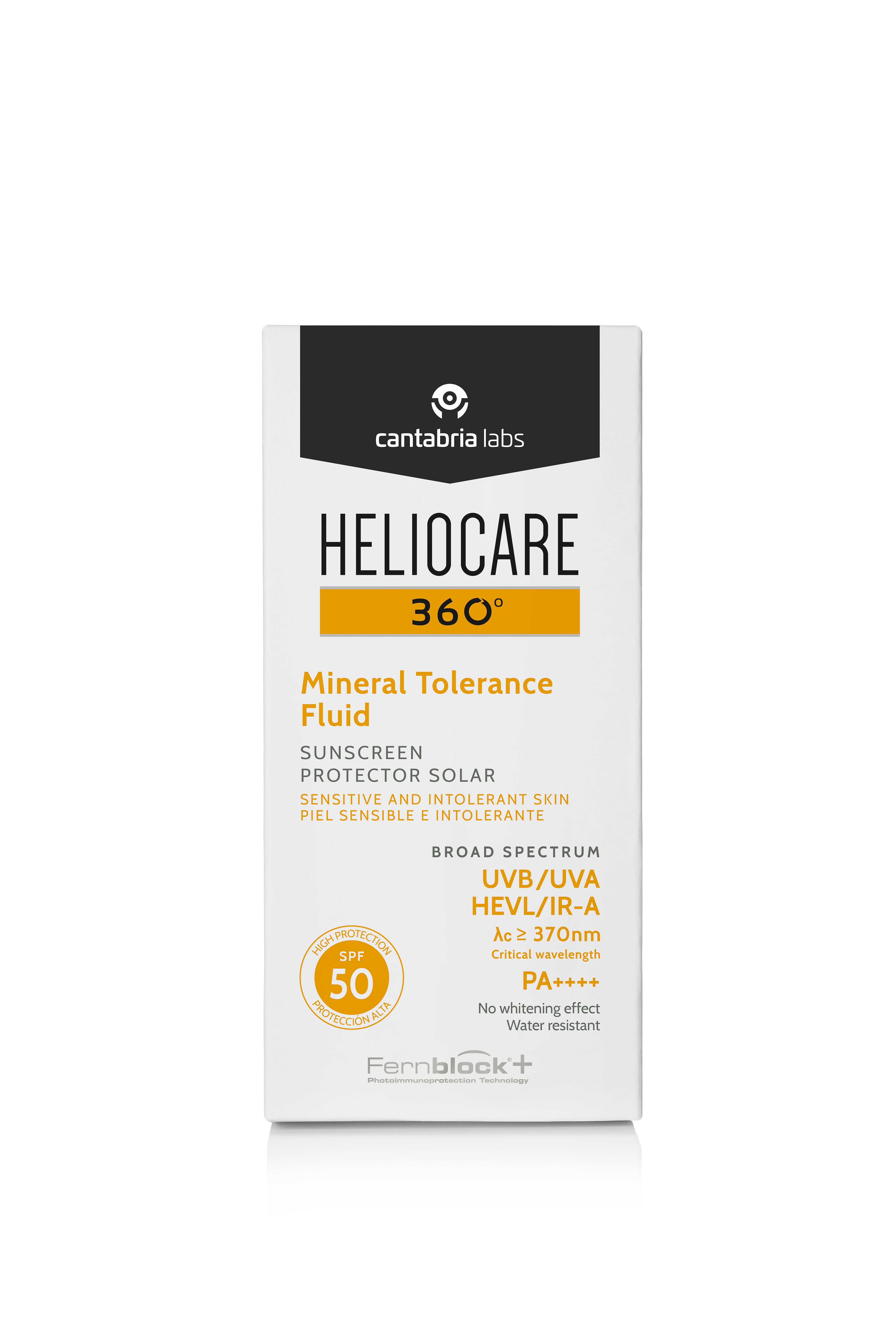 Heliocare Mineral SPF50 product packaging highlighting broad-spectrum protection, suitable for sensitive skin and enriched with Fernblock+.