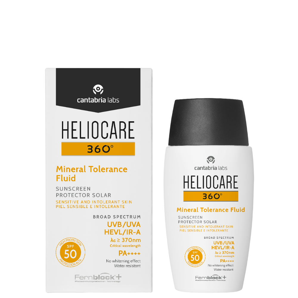 Heliocare Mineral SPF50 for Sensitive Skin with box and bottle, broad-spectrum sunblock ideal for post-procedure skincare and daily sun protection.