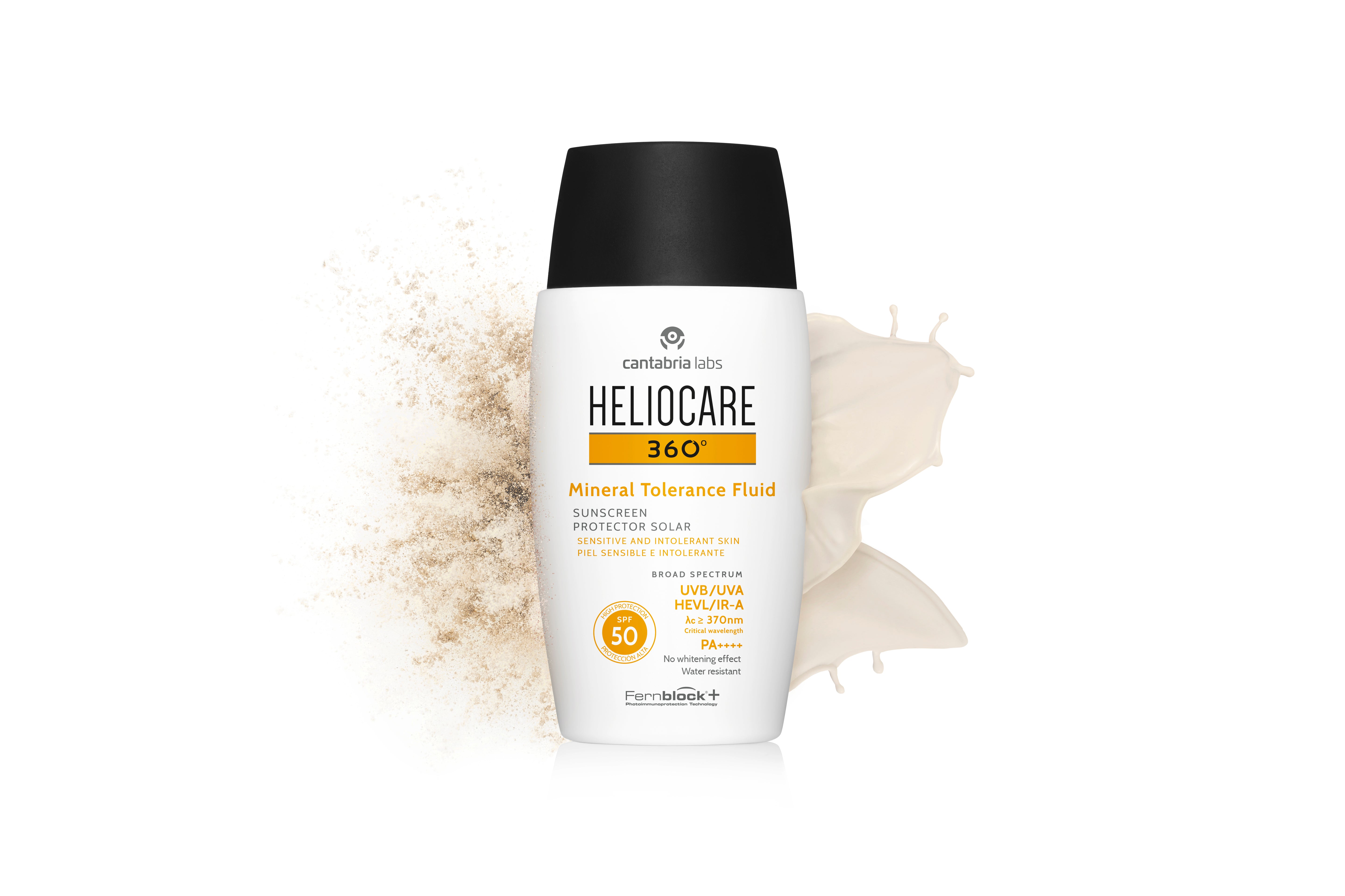 Heliocare Mineral SPF50 bottle with fluid splash effect, emphasizing lightweight, water-resistant sunblock for sensitive skin and daily skincare.
