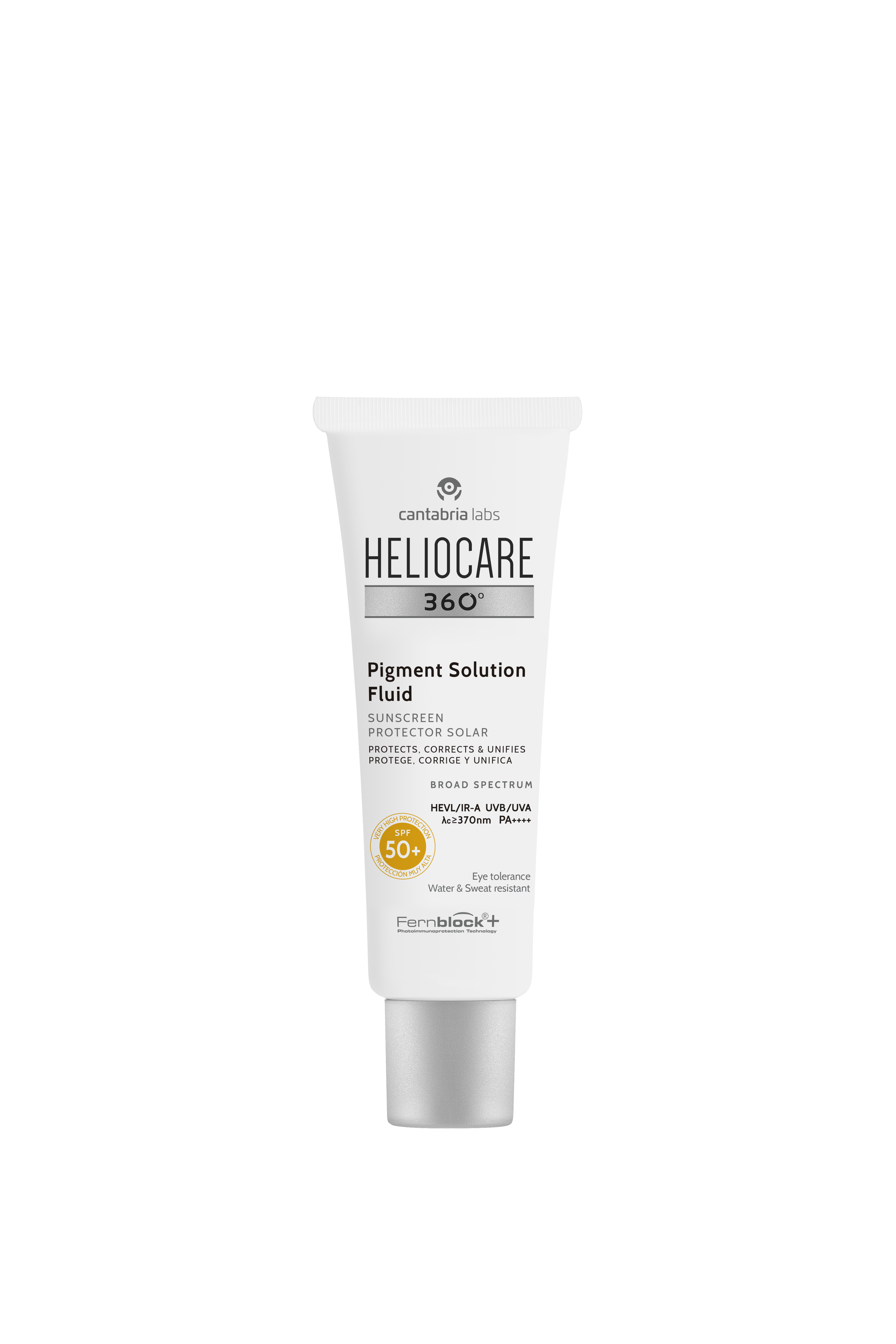 Heliocare 360 Pigment Solution Fluid SPF50+ 50ml tube featuring water-resistant, hypoallergenic sunscreen for even skin tone and post-procedure skincare.
