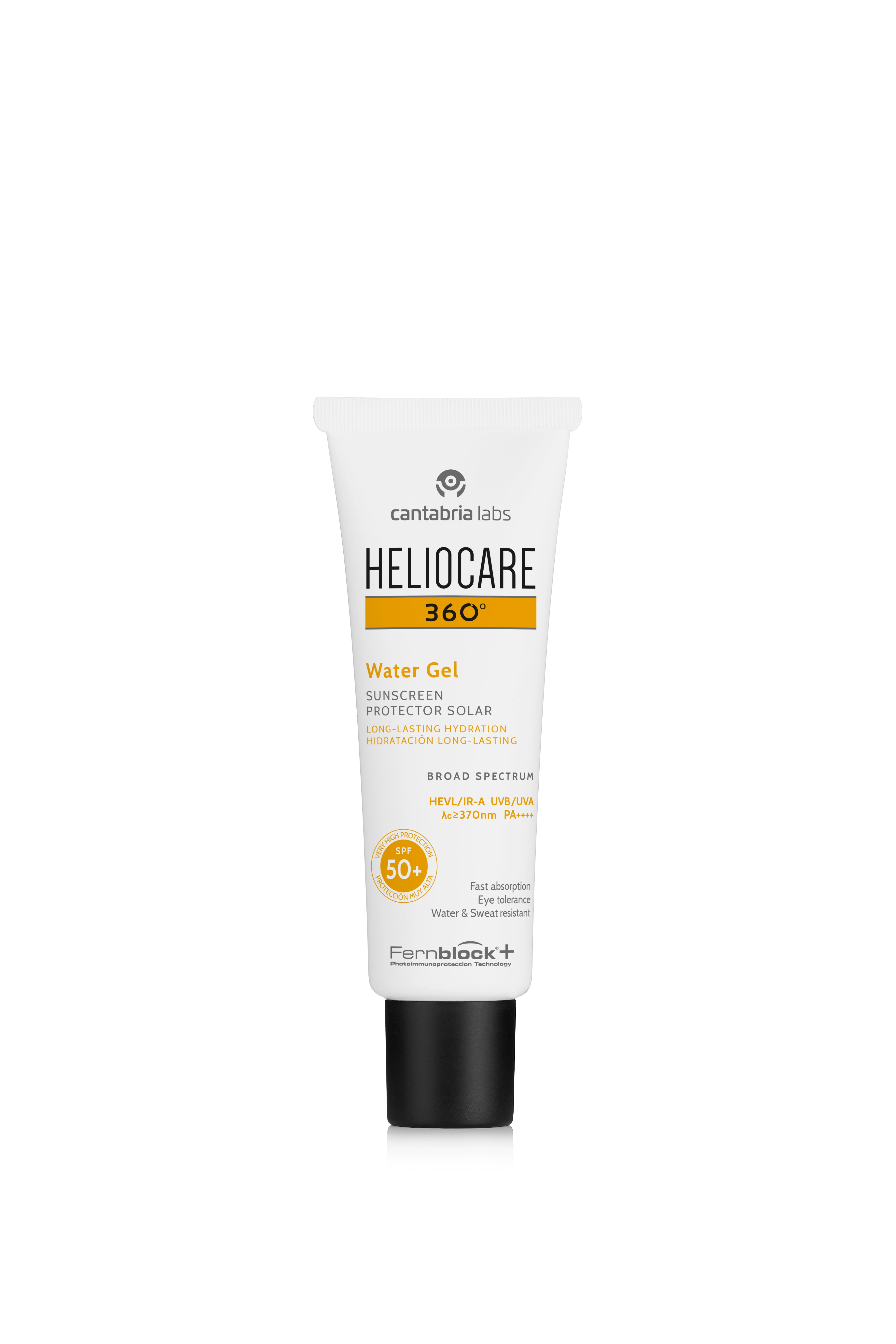 Heliocare 360 Water Gel SPF50+ Sunblock 50ml tube featuring lightweight, hydrating formula with Fernblock for sensitive and dry skin.