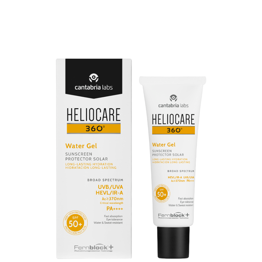 Heliocare 360 Water Gel SPF50 Sunblock 50ml with packaging and tube, ideal for all skin types and post-procedure skincare protection.
