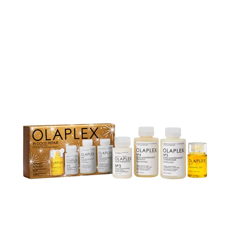 Olaplex In Good Repair Hair Kit featuring four essential hair care products for repair, hydration, and protection. Ideal for all hair types, including damaged and color-treated hair.