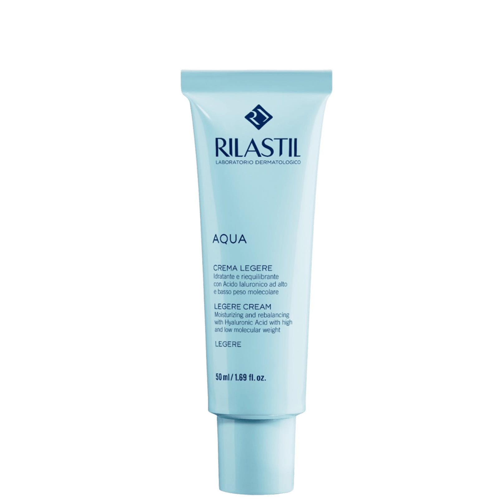 Light blue tube of Rilastil Aqua moisturizing cream with white and navy text, designed for skin hydration and balance, 50ml size