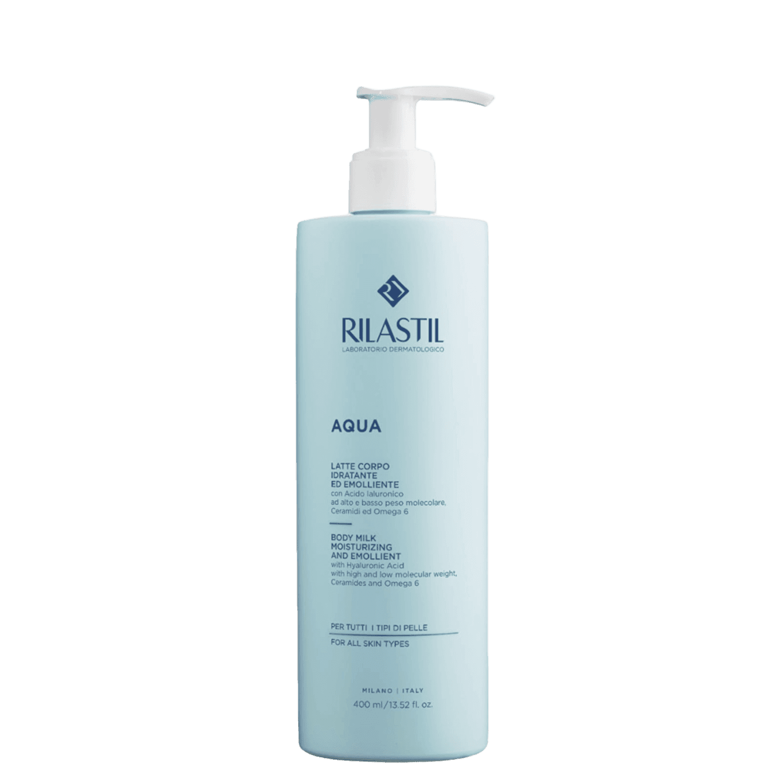 Light blue bottle of Rilastil Aqua body milk moisturizer with pump dispenser, detailed label with product description, for all skin types