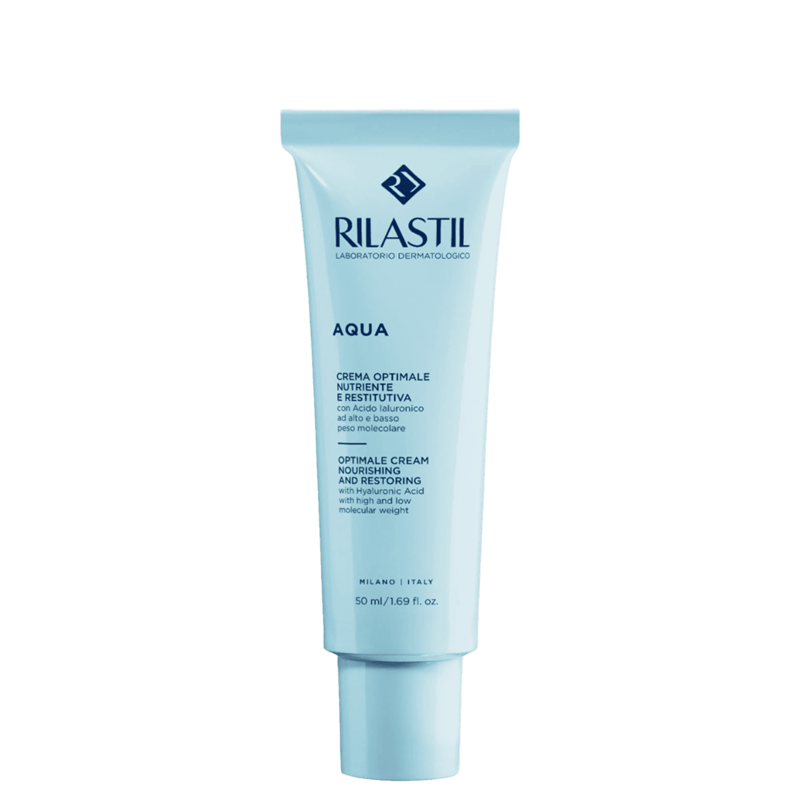Light blue tube of Rilastil Aqua hyaluronic acid cream for dry skin, featuring a flip cap, with detailed product description in Italian and English, 50ml size