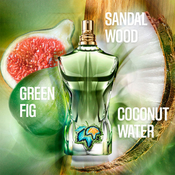 Le Beau Paradise Garden - Jean Paul Gaultier men's fragrance with notes of green fig, coconut water, and sandalwood shown on a vibrant scent profile.