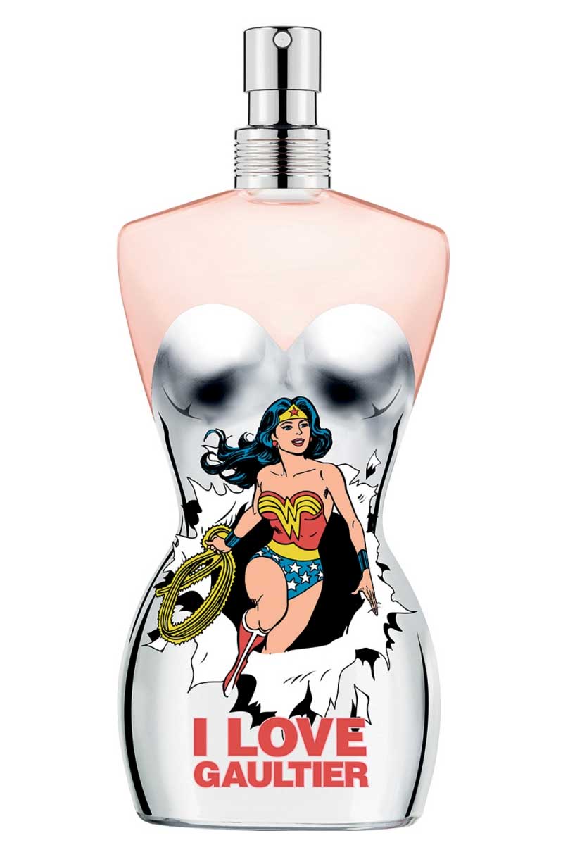 Jean Paul Gaultier I Love Gaultier Classique Eau Fraiche 100ml bottle featuring Wonder Woman design. Limited edition floral fragrance for women.