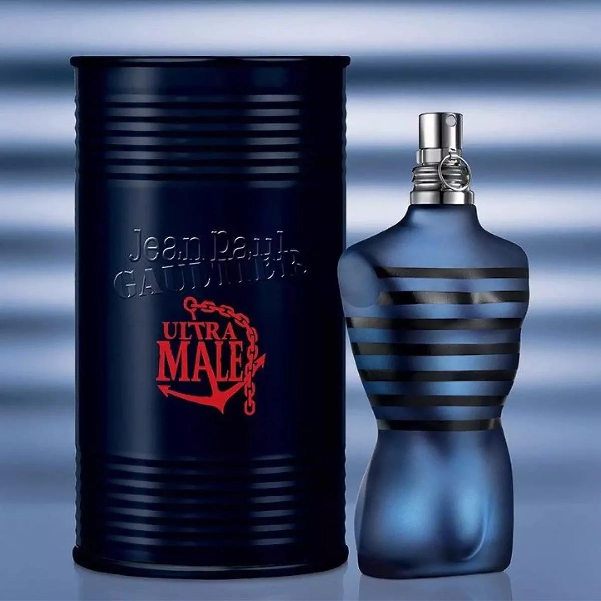 Jean Paul Gaultier Ultra Male EDT 125ml in blue torso bottle with matching canister, a bold men's fragrance launched in 2015 with intense notes.