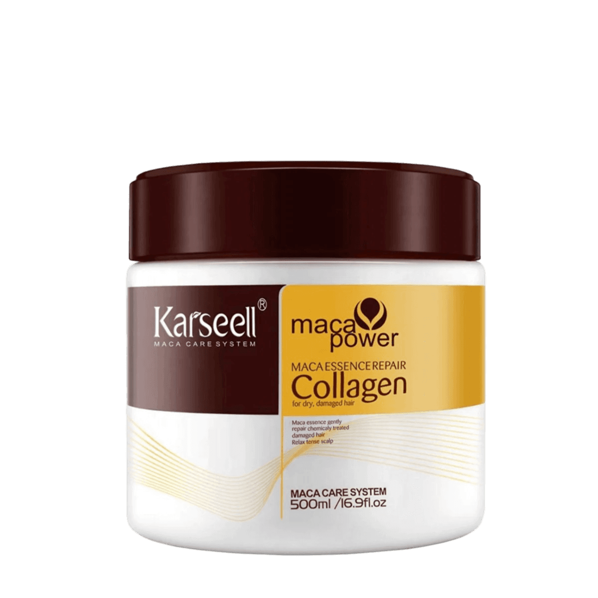 Karseel Maca Power Essence Repair Collagen System 500 ml hair treatment masque for damaged and dry hair. Enriched with hydrolyzed collagen and maca root extract to restore strength, elasticity, and shine.