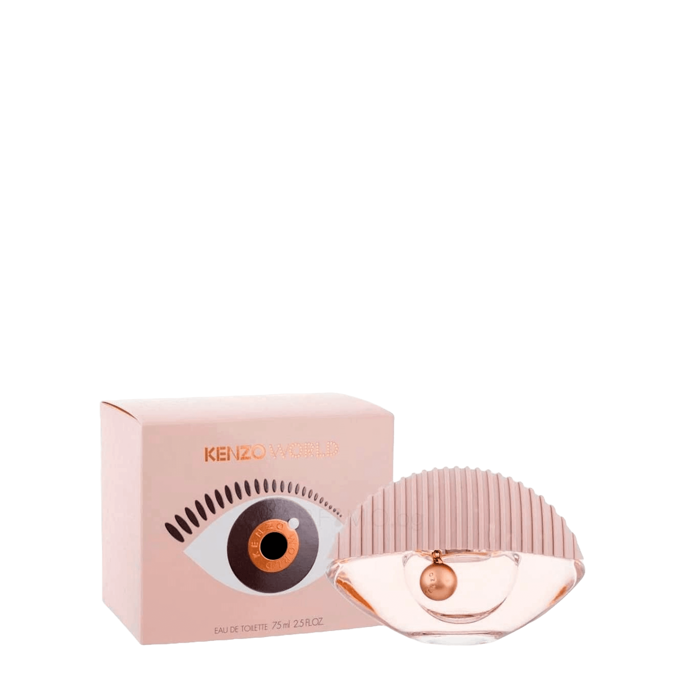 Kenzo World EDT 75 ml perfume with a unique eye-shaped bottle and pink packaging. A vibrant and playful fragrance blending fruity and floral notes.