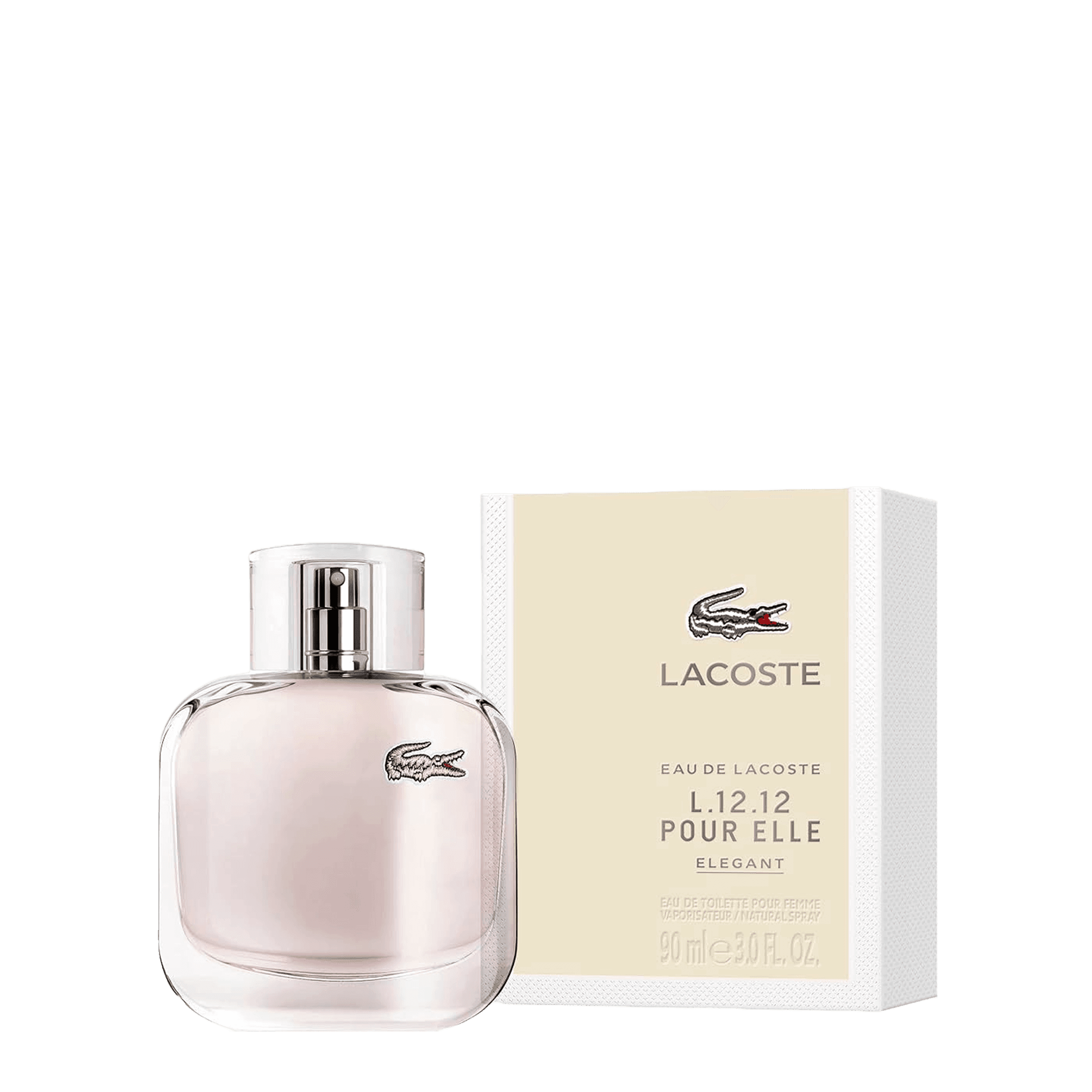 Lacoste L.12.12 Pour Elle Elegant Eau de Toilette 90 ml, a refined women's fragrance with citrus and cassis notes. Perfect for everyday wear or special occasions.