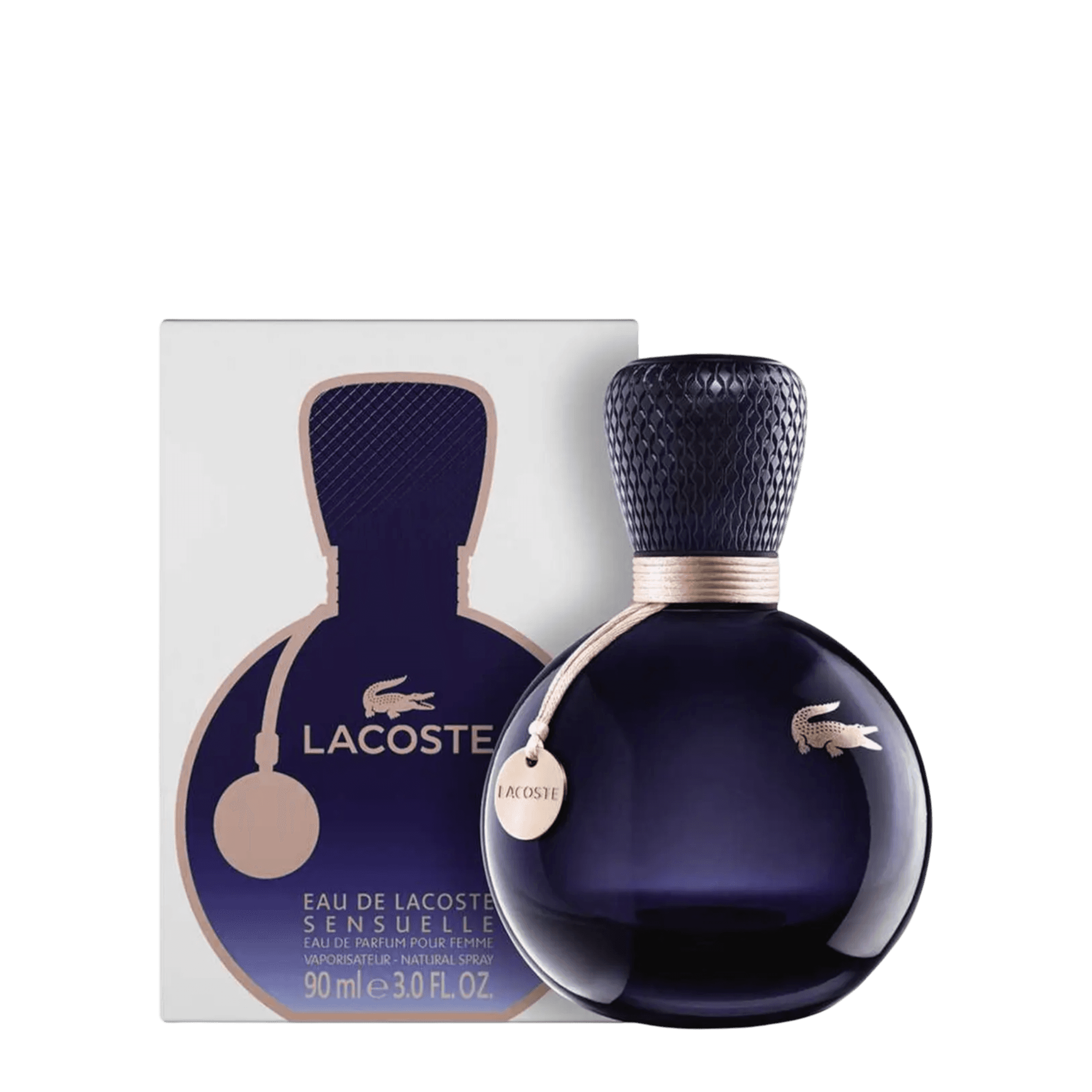 Lacoste Sensuelle For Women Eau de Toilette 90 ml, a sophisticated fragrance with floral and fruity notes. Elegant dark blue bottle with gold accents.