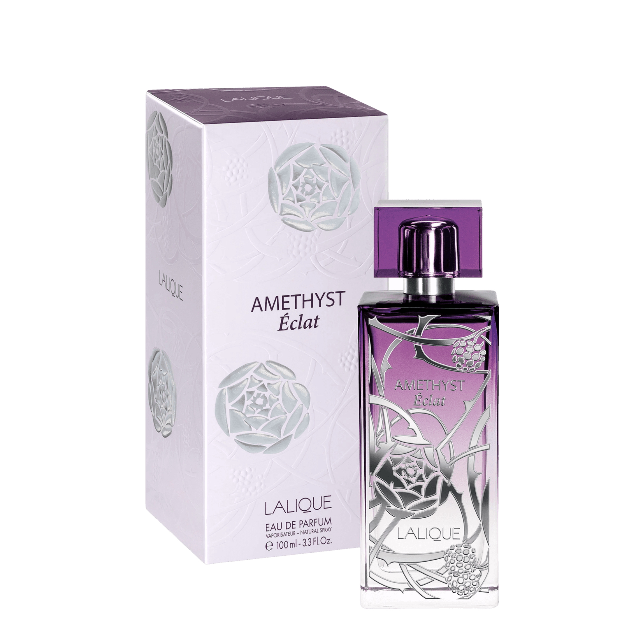 Lalique Amethyst Éclat Eau de Parfum 100 ml, a luxurious women's fragrance with fruity and floral notes. Elegant purple bottle with silver floral accents.