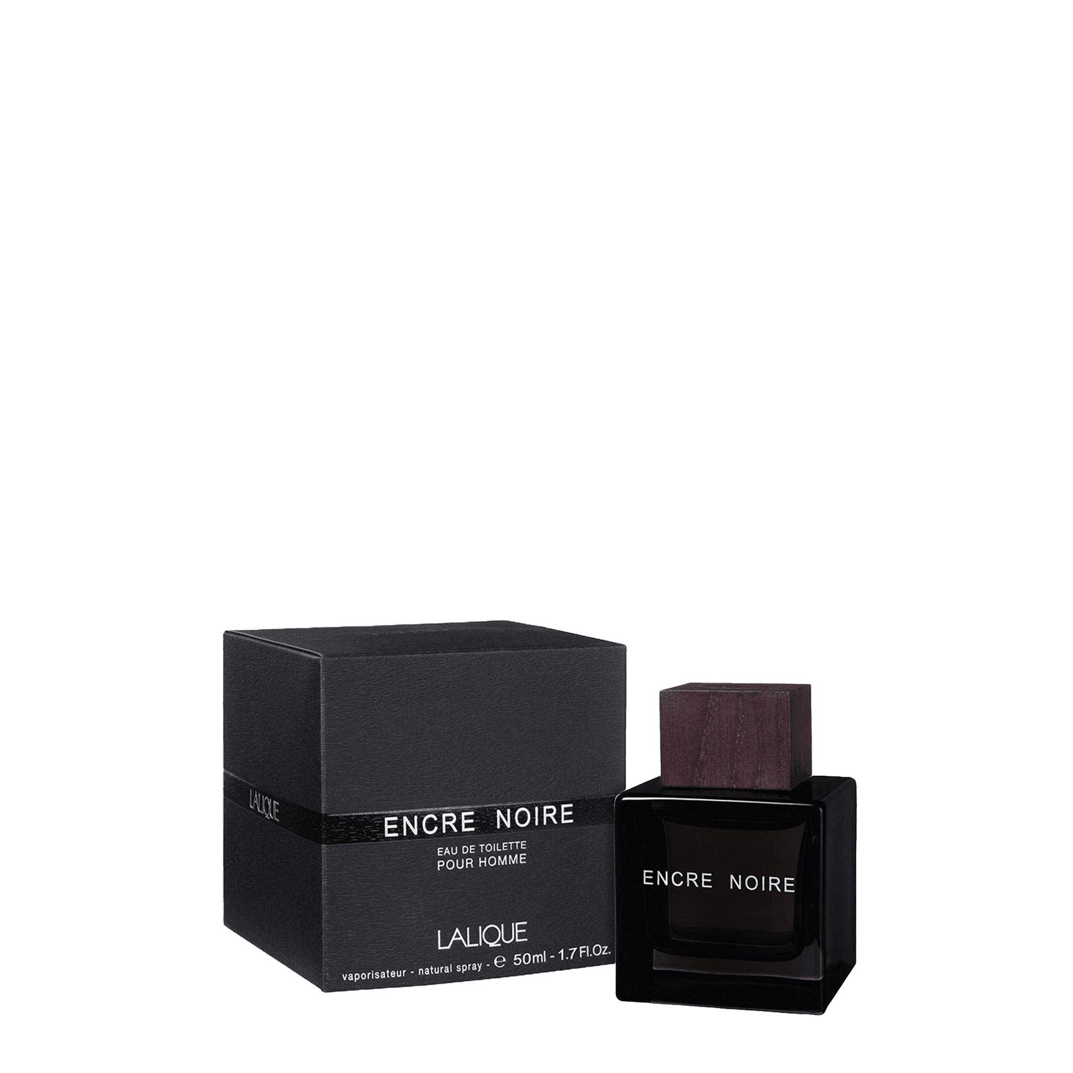 Lalique Encre Noire Pour Homme Eau de Toilette 100 ml, a sophisticated men's fragrance with woody and earthy notes. Elegant black bottle with a wooden cap.