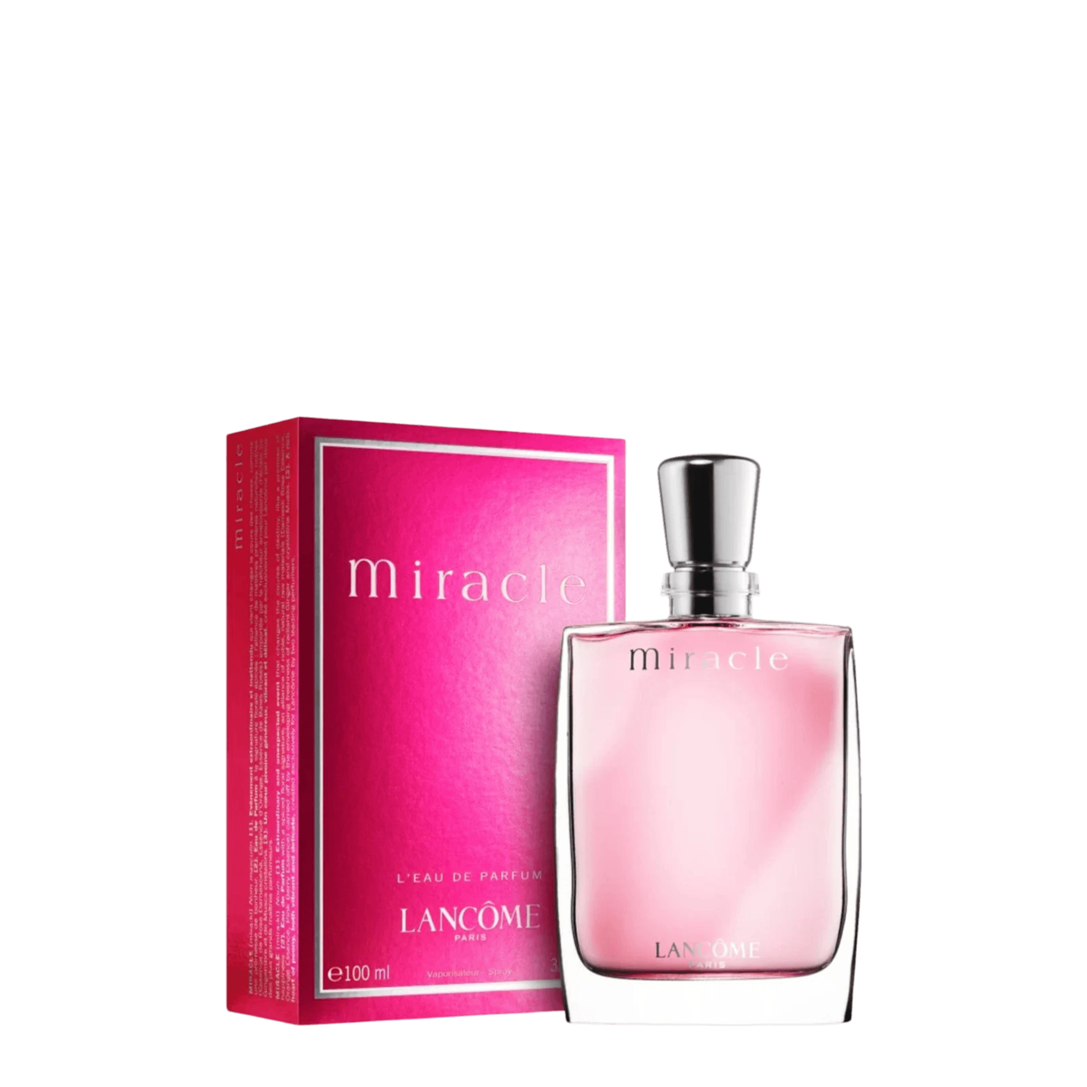 Lancôme Miracle Eau de Parfum 100 ml, a vibrant floral and spicy fragrance for women. Features fresh lychee, freesia, magnolia, and warm musk notes.