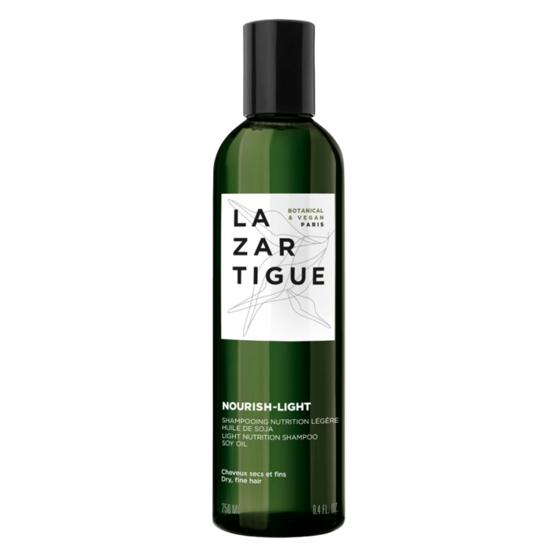 Lazartigue Nourish Light Shampoo 250 ml bottle for fine, dry hair care with soy oil. Vegan, 93% natural, sulfate and silicone-free formula.