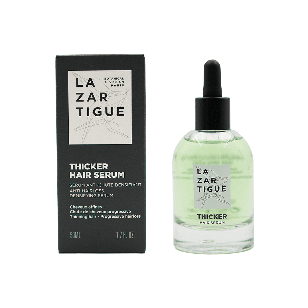Lazartigue Thicker Hair Serum 50ml with outer box, vegan formula designed to strengthen and thicken fine hair.