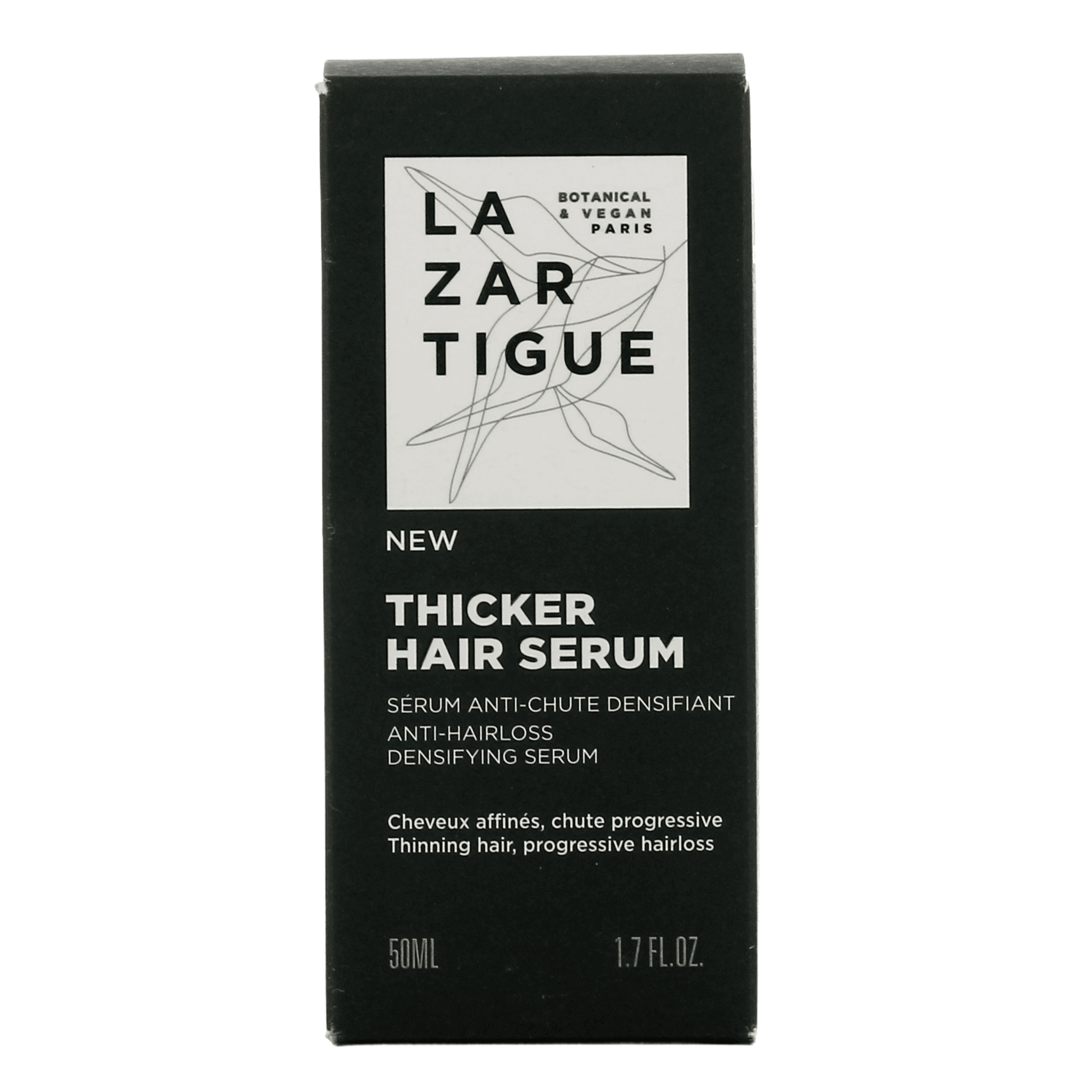 Lazartigue Thicker Hair Serum boxed packaging showing anti-hair loss and densifying benefits for fragile and thinning hair.