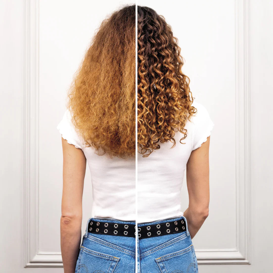 Before and after using Lazartigue Curl Spray on curly hair, showing transformation from frizzy to defined, hydrated curls.