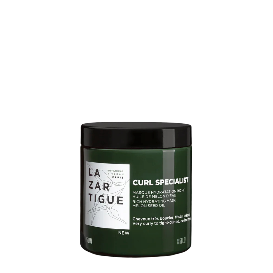 Lazartigue Curl Mask 250 ml in dark green jar, a hydrating hair treatment for curly and frizzy hair. Vegan, silicone-free formula with melon seed oil.