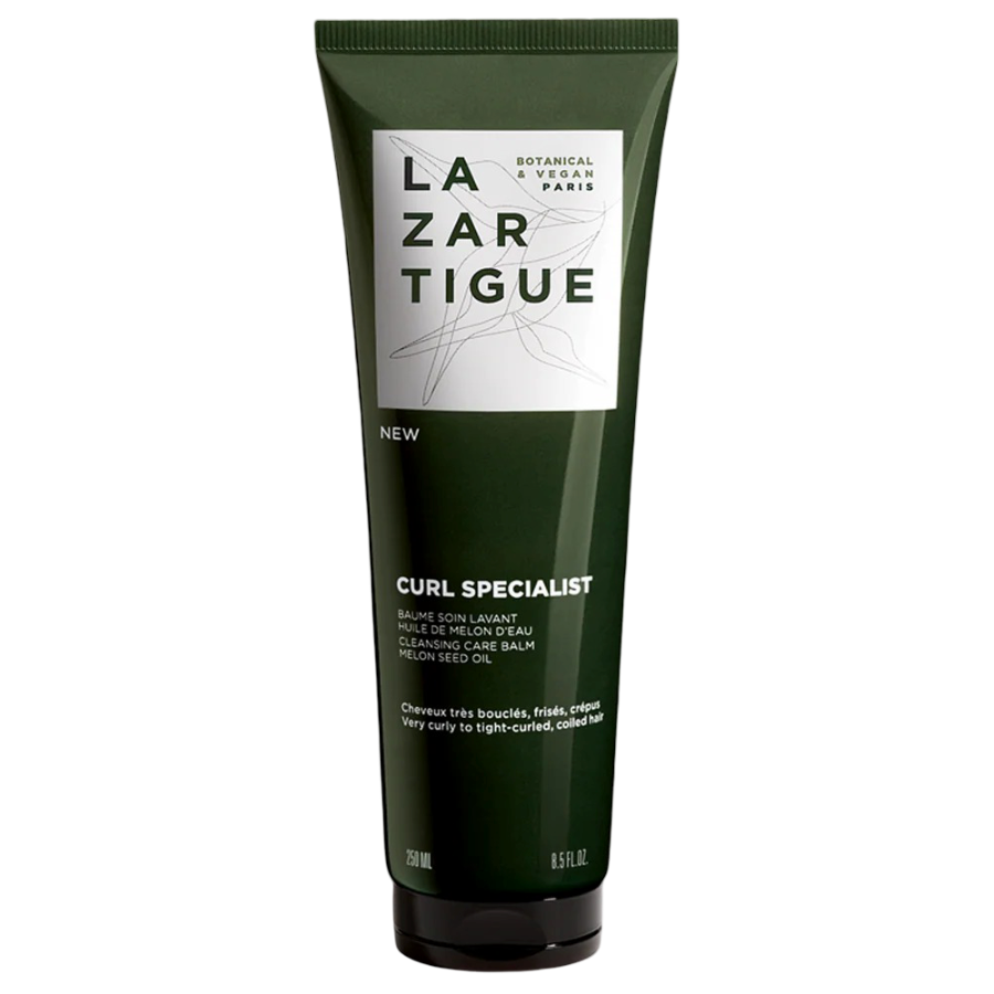 Lazartigue Curl Specialist Cleansing Care Balm 250 ml tube, vegan and sulfate-free shampoo for curly, coiled, and frizz-prone hair types.